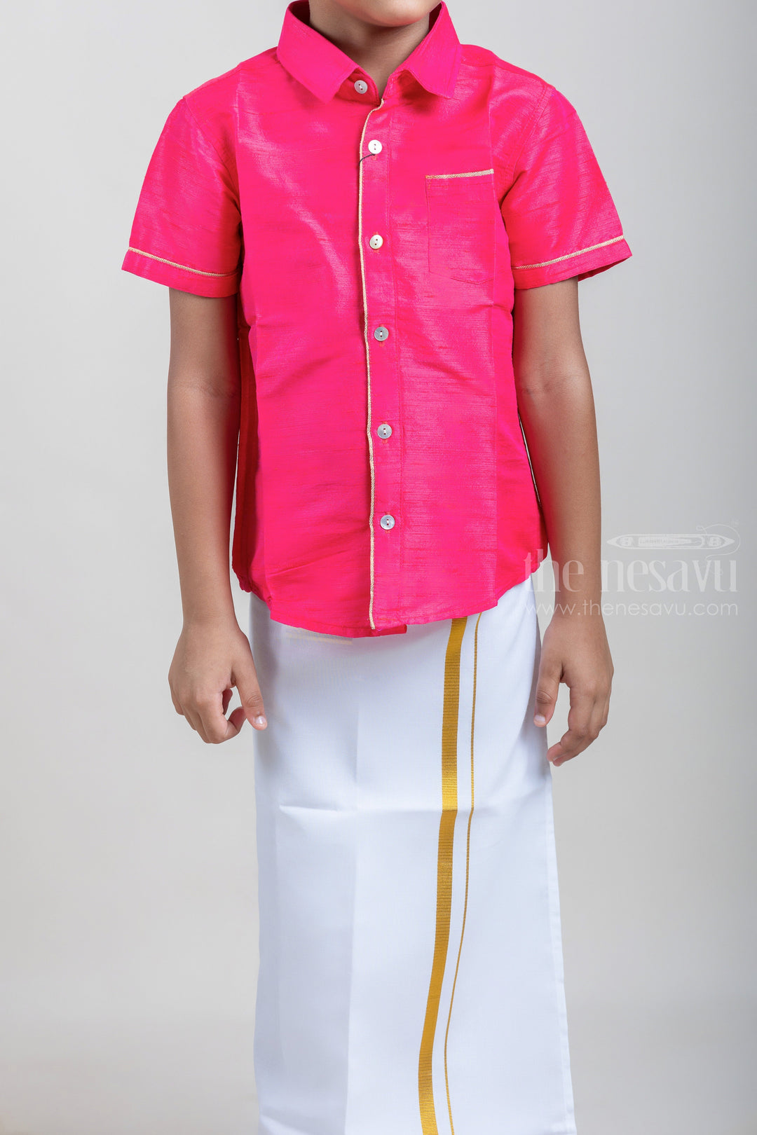 The Nesavu Boys Shirts Royal Pink Traditional Boys Pattu Shirt With Pocket psr silks Nesavu