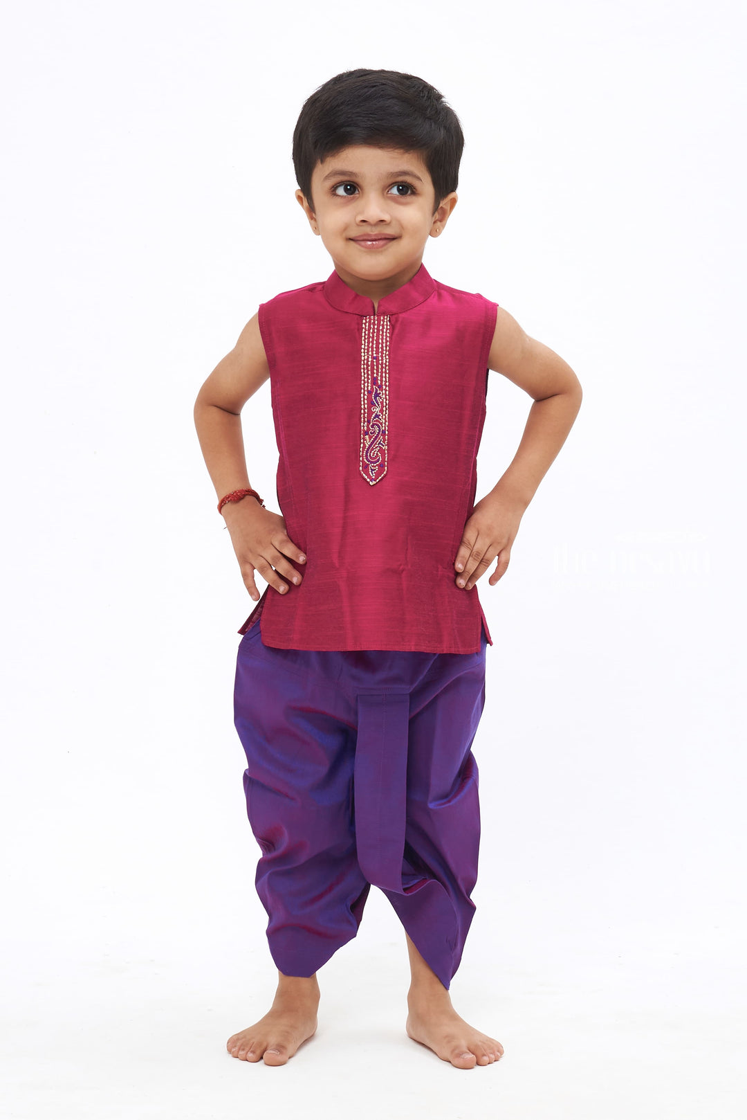 The Nesavu Boys Dothi Set Royal Radiance: Boys' Purple and Blue Silk Ensemble with Detailed Embroidery- Ethnic wear for boys Nesavu 12 (3M) / Purple / Cotton Dupion BES425A-12 Festive Flair for Little Gents | Boys Kurta and Panchagajam New Arrivals | The Nesavu