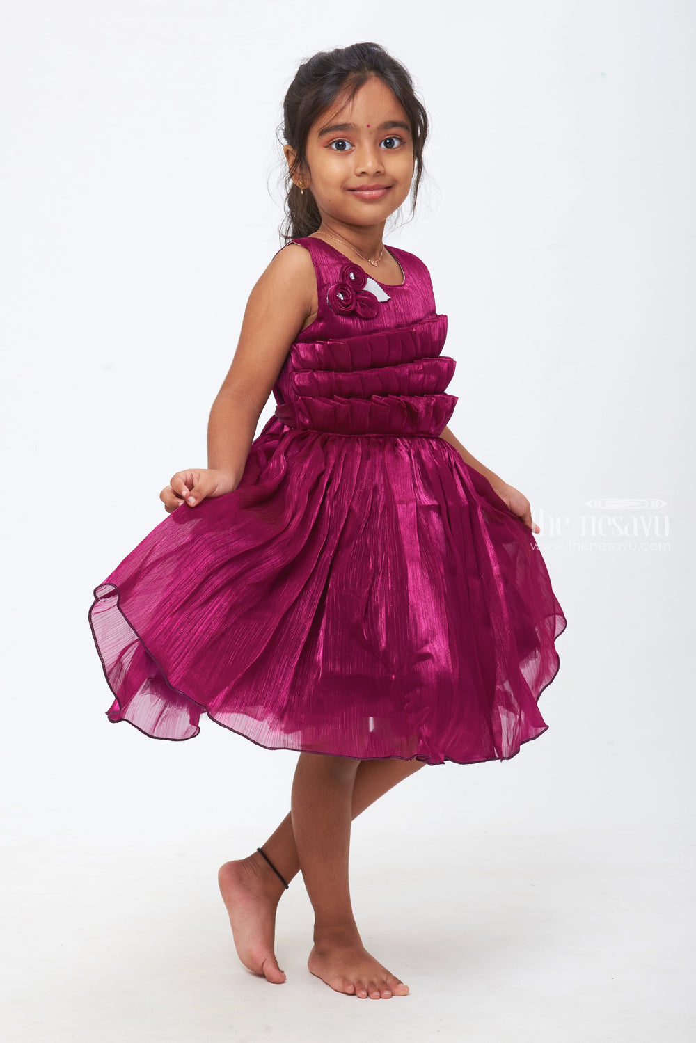 The Nesavu Girls Fancy Party Frock Royal Radiance: Girls Deep Purple Tulle Dress with Rosette Accents Nesavu From Playdates to Parties | Girls Chic Frocks Collection | The Nesavu