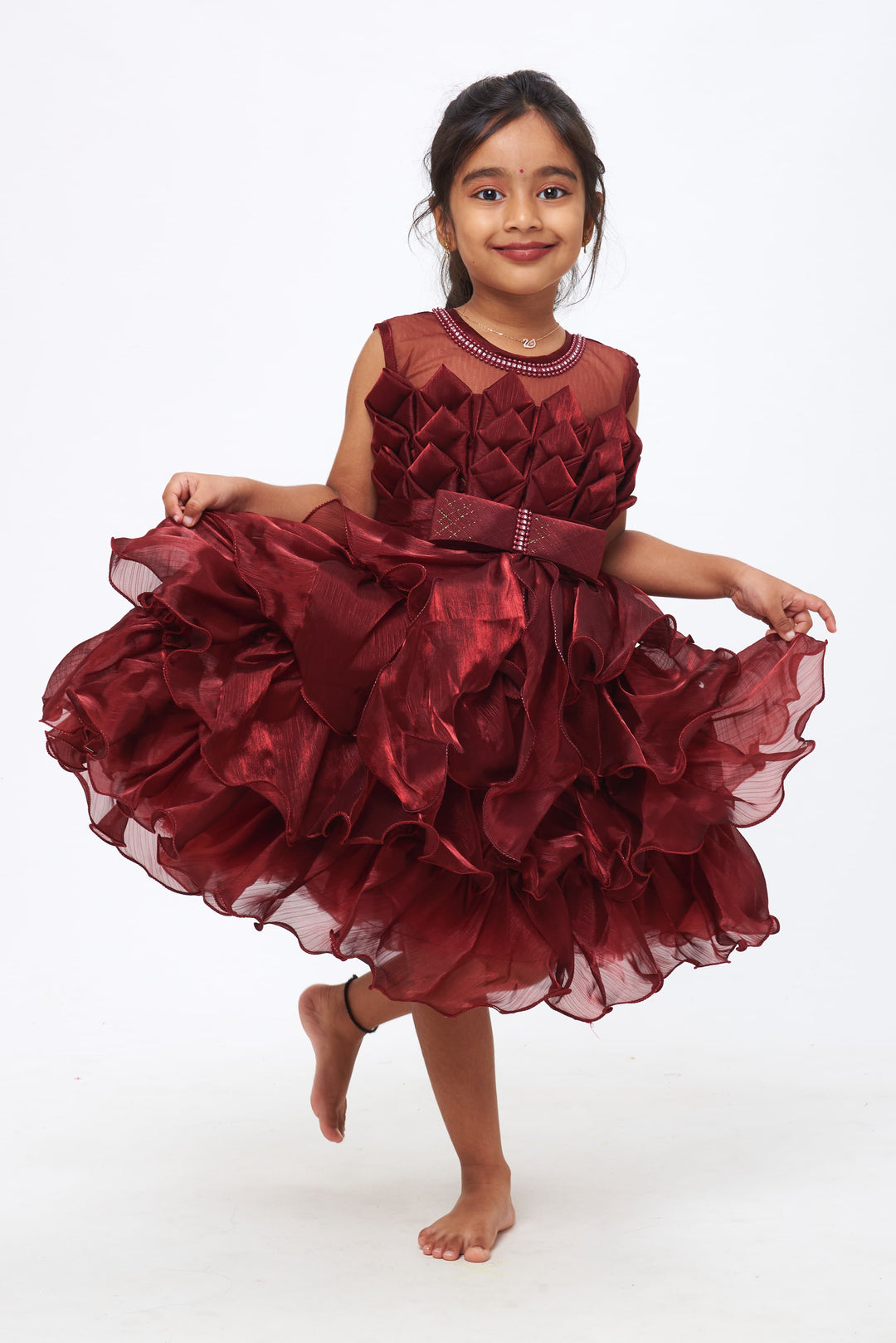 The Nesavu Girls Fancy Party Frock Royal Radiance: Girls Maroon Ruffled Dress with Sparkling Waistband Nesavu 16 (1Y) / Maroon / Satin Organza PF157B-16 Shine On, Little Star | Premium Party Frocks for Girls | The Nesavu