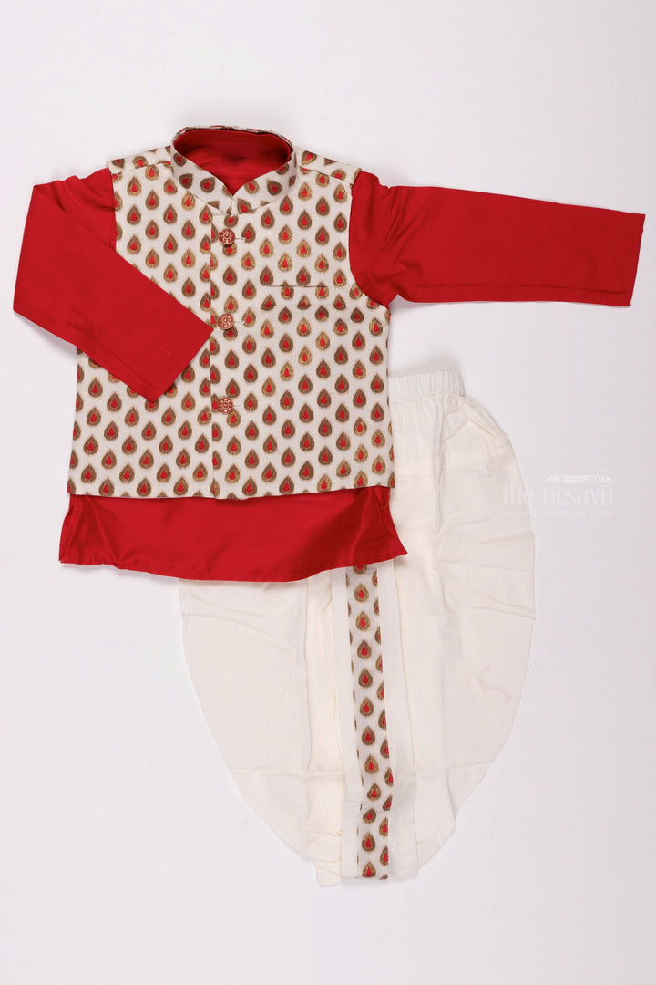 The Nesavu Boys Jacket Sets Ruby Radiance: Butta Designer Overcoat & Regal Red Kurta with Classic Panchagajam for Boys Nesavu 12 (3M) / Red / Silk BES388A-12 Boys Festive Wear | Stylish Kids Ethnic Kurta with Panchagajam | The Nesavu