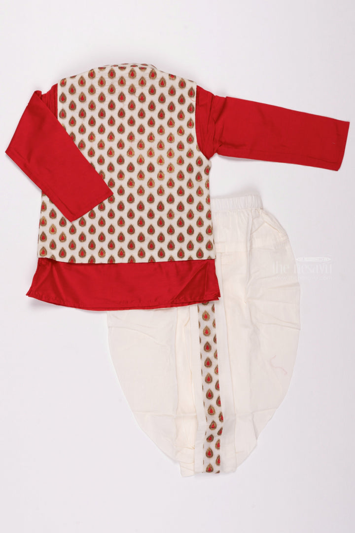 The Nesavu Boys Jacket Sets Ruby Radiance: Butta Designer Overcoat & Regal Red Kurta with Classic Panchagajam for Boys Nesavu Boys Festive Wear | Stylish Kids Ethnic Kurta with Panchagajam | The Nesavu