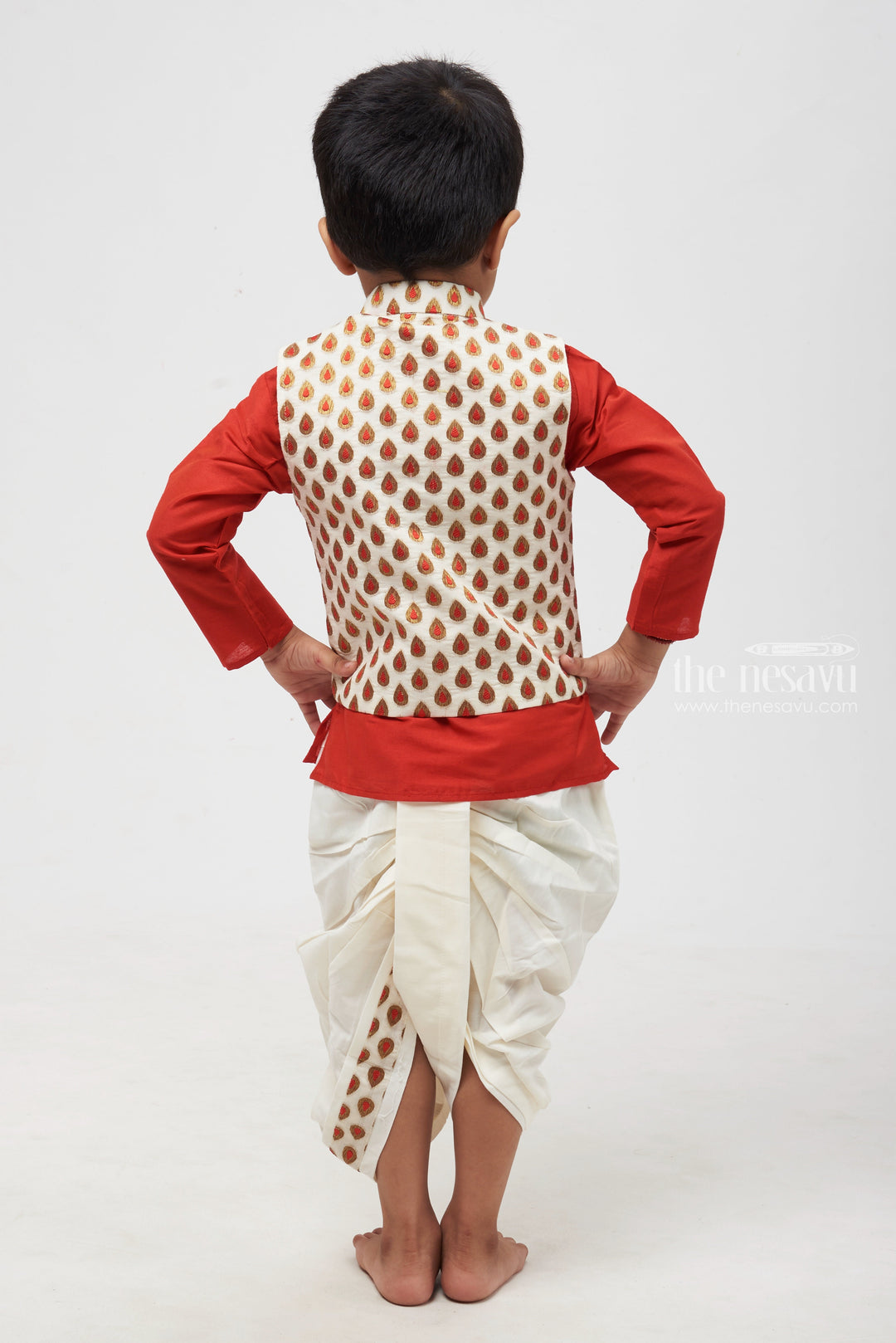 The Nesavu Boys Jacket Sets Ruby Radiance: Butta Designer Overcoat & Regal Red Kurta with Classic Panchagajam for Boys Nesavu Boys Festive Wear | Stylish Kids Ethnic Kurta with Panchagajam | The Nesavu