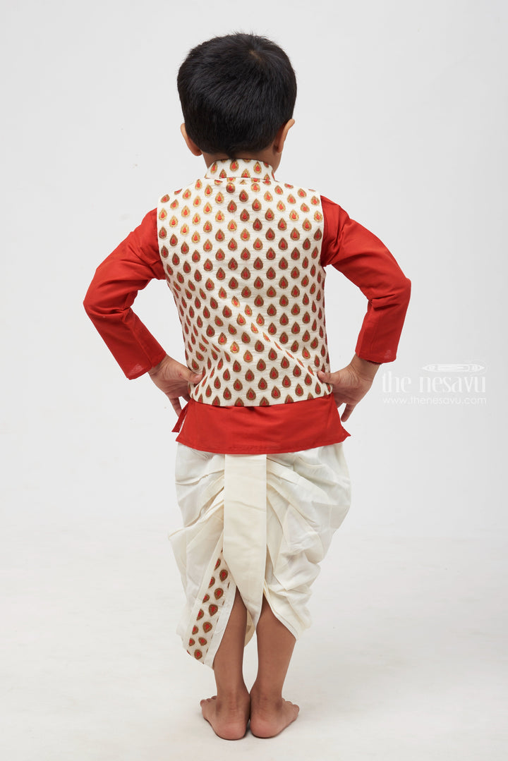 The Nesavu Boys Jacket Sets Ruby Radiance: Butta Designer Overcoat & Regal Red Kurta with Classic Panchagajam for Boys Nesavu Boys Festive Wear | Stylish Kids Ethnic Kurta with Panchagajam | The Nesavu