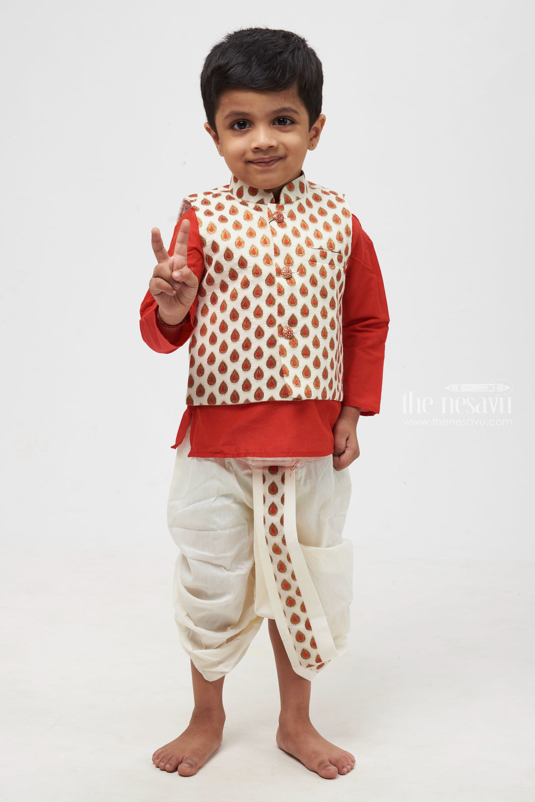 The Nesavu Boys Jacket Sets Ruby Radiance: Butta Designer Overcoat & Regal Red Kurta with Classic Panchagajam for Boys Nesavu Boys Festive Wear | Stylish Kids Ethnic Kurta with Panchagajam | The Nesavu