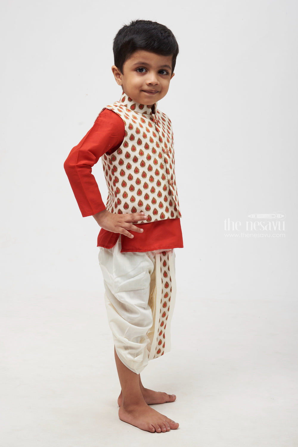 The Nesavu Boys Jacket Sets Ruby Radiance: Butta Designer Overcoat & Regal Red Kurta with Classic Panchagajam for Boys Nesavu Boys Festive Wear | Stylish Kids Ethnic Kurta with Panchagajam | The Nesavu