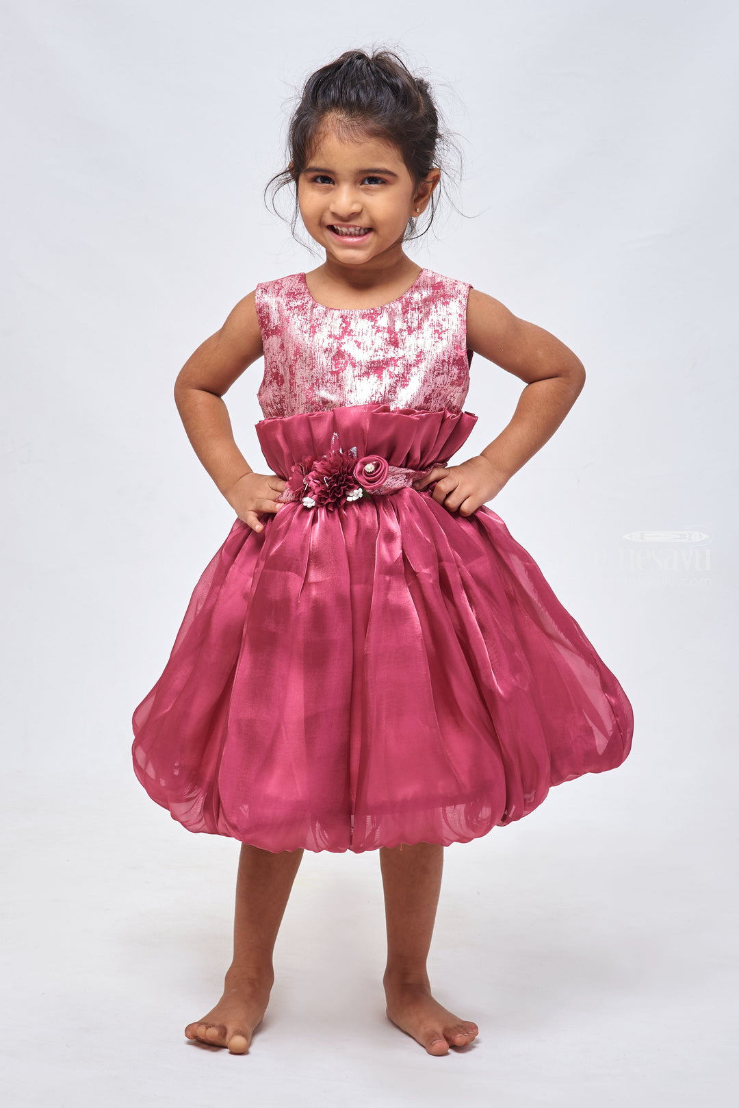 The Nesavu Girls Fancy Party Frock Ruby Radiance: Designer Foil-Printed Pleated Frock with Floral Applique in Organza Nesavu 18 (2Y) / Red / Organza PF148B-18 Mermaid Birthday Outfits: Trendy & Stylish Floral Embellished Baby Girl Frocks | The Nesavu