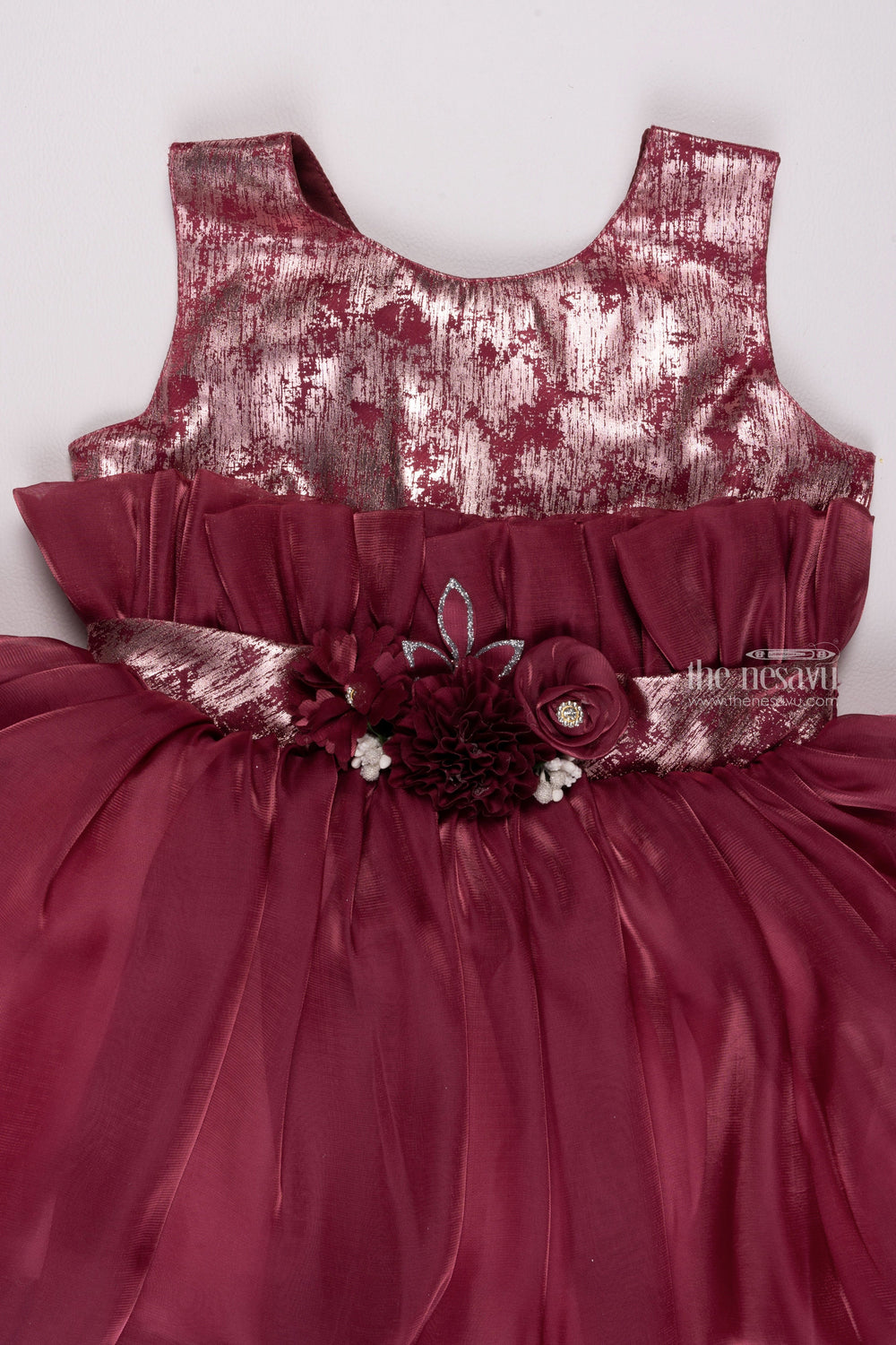 The Nesavu Girls Fancy Party Frock Ruby Radiance: Designer Foil-Printed Pleated Frock with Floral Applique in Organza Nesavu Mermaid Birthday Outfits: Trendy & Stylish Floral Embellished Baby Girl Frocks | The Nesavu