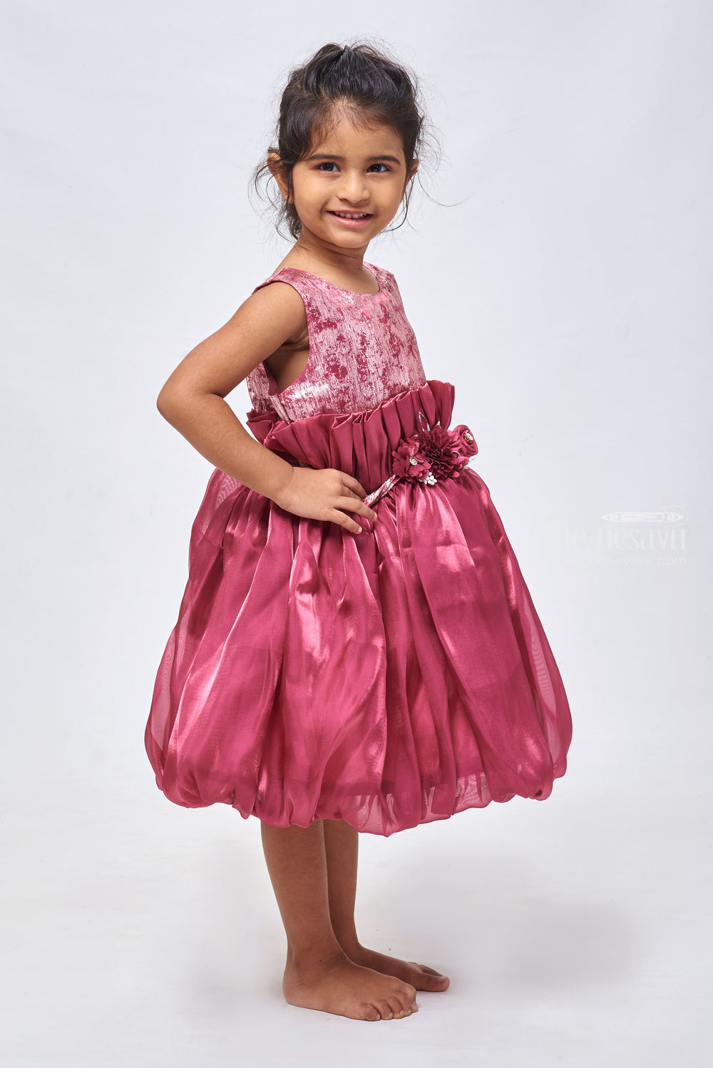 The Nesavu Girls Fancy Party Frock Ruby Radiance: Designer Foil-Printed Pleated Frock with Floral Applique in Organza Nesavu Mermaid Birthday Outfits: Trendy & Stylish Floral Embellished Baby Girl Frocks | The Nesavu