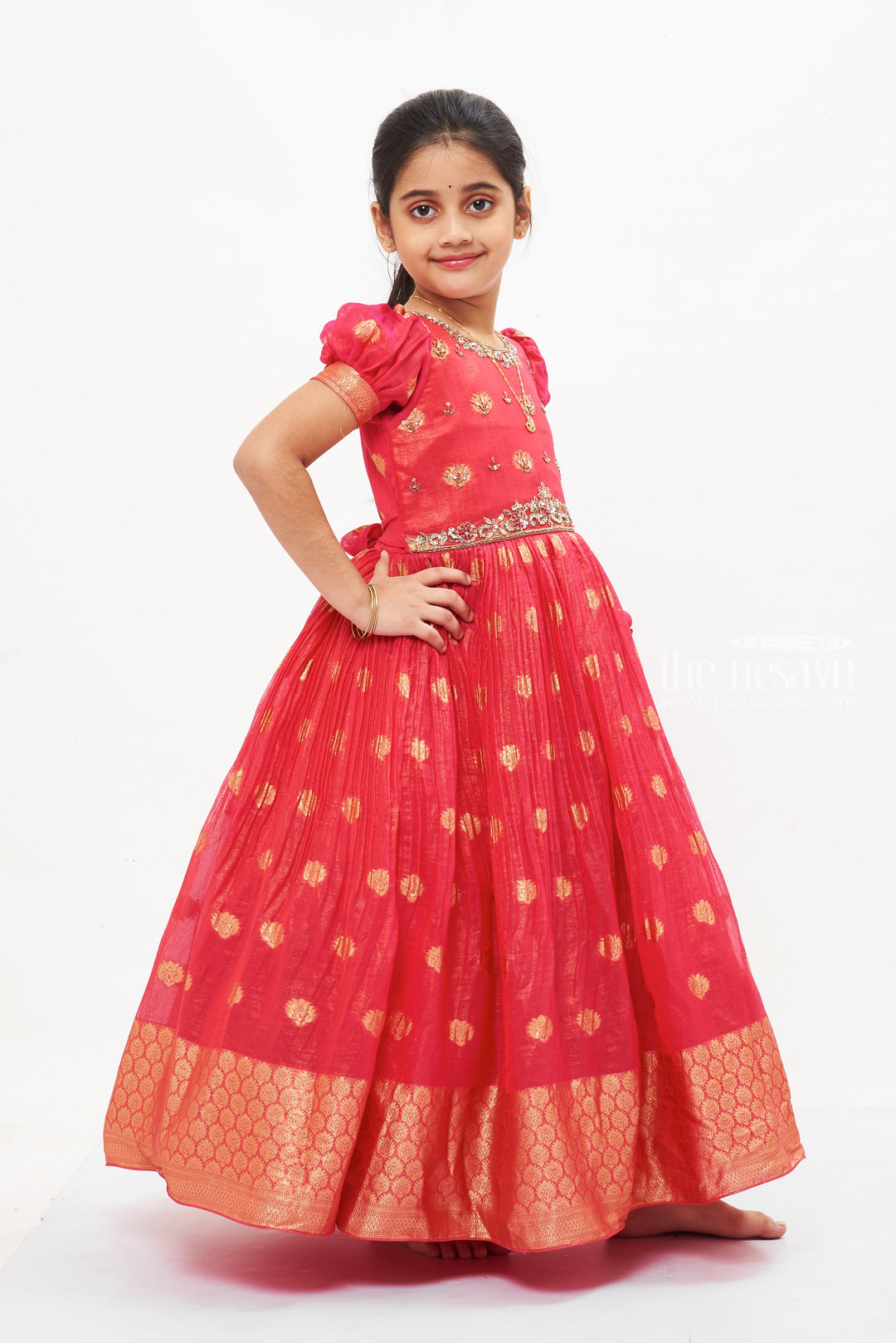 The Nesavu Girls Silk Gown Ruby Radiance: Festive Anarkali Gown for Girls Nesavu Girls Pink Silk Anarkali Gown | Luxurious Festive Wear | The Nesavu