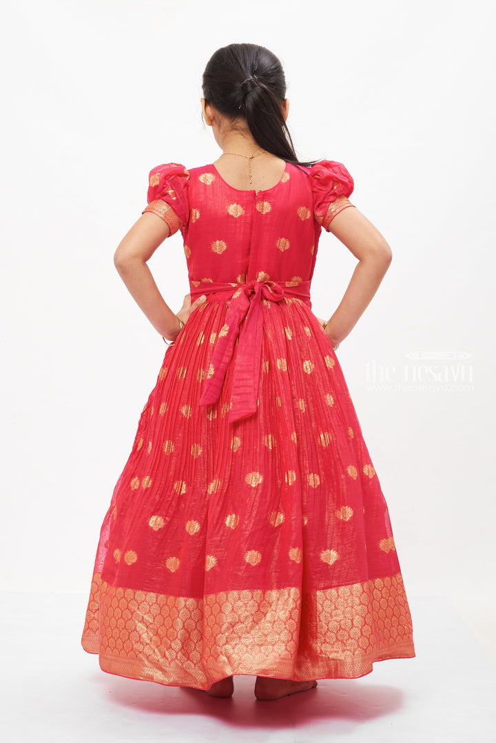 The Nesavu Girls Silk Gown Ruby Radiance: Festive Anarkali Gown for Girls Nesavu Girls Pink Silk Anarkali Gown | Luxurious Festive Wear | The Nesavu