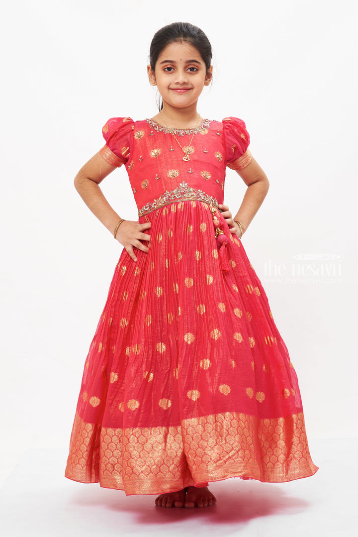 The Nesavu Girls Silk Gown Ruby Radiance: Festive Anarkali Gown for Girls Nesavu Girls Pink Silk Anarkali Gown | Luxurious Festive Wear | The Nesavu