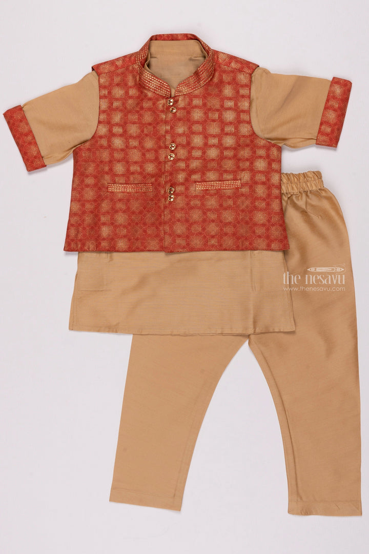 The Nesavu Boys Jacket Sets Ruby Radiance: Geometrically Inspired Red Overcoat Kurta & Soft Beige Pant Set for Boys Nesavu 12 (3M) / Red / Cotton BES377A-12 Latest Boys Kurta Collection | Elegant Ethnic Wear | The Nesavu