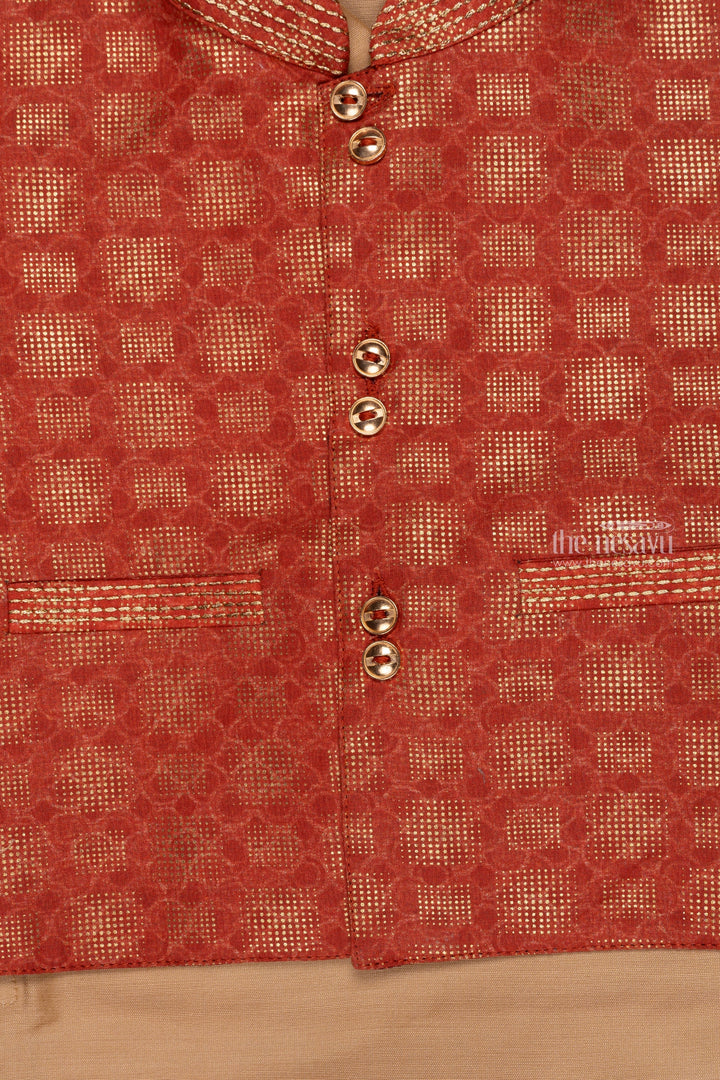 The Nesavu Boys Jacket Sets Ruby Radiance: Geometrically Inspired Red Overcoat Kurta & Soft Beige Pant Set for Boys Nesavu Latest Boys Kurta Collection | Elegant Ethnic Wear | The Nesavu