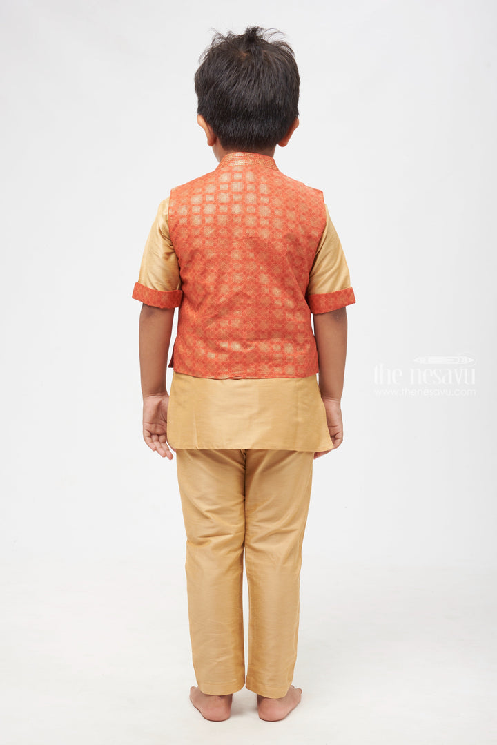 The Nesavu Boys Jacket Sets Ruby Radiance: Geometrically Inspired Red Overcoat Kurta & Soft Beige Pant Set for Boys Nesavu Latest Boys Kurta Collection | Elegant Ethnic Wear | The Nesavu