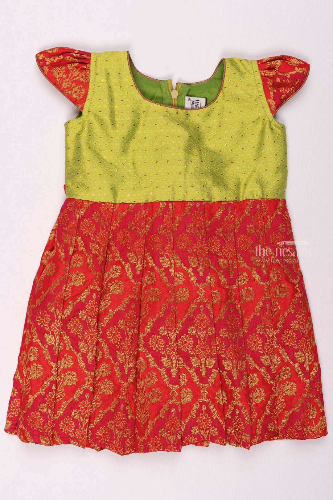 The Nesavu Silk Frock Ruby Red Floral Pleated Ensemble with Verdant Green Yoke Blossoming Elegance for Young Divas Nesavu 16 (1Y) / Red / Banarasi SF694-16 Silk Frock Collections for Toddlers | Premium Pattu Gowns | The Nesavu