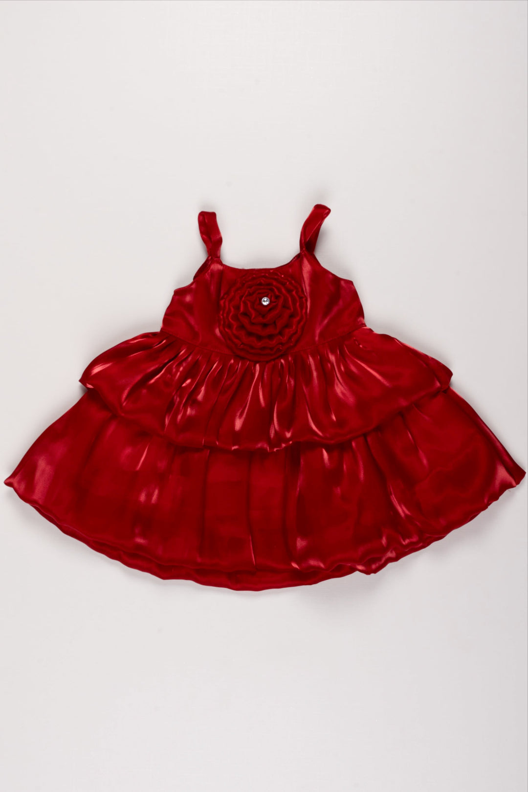 The Nesavu Girls Fancy Party Frock Ruby Red Organza Party Dress with Rosette Accent for Girls Nesavu 12 (3M) / Red / Organza PF171C-12 Girls Red Organza Dress | Rosette Tiered Party Dress for Kids | The Nesavu