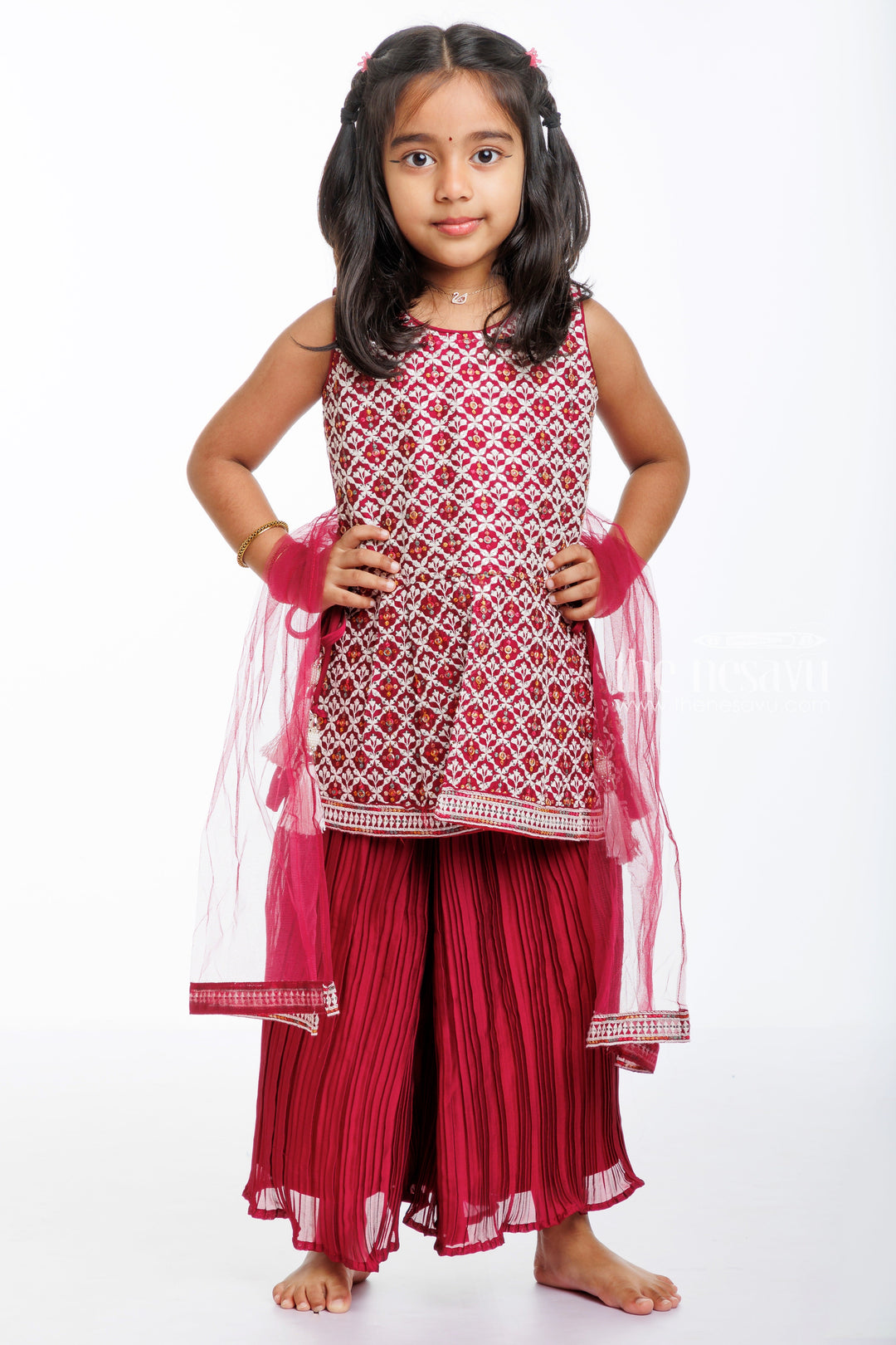 The Nesavu Girls Sharara / Plazo Set Ruby Rendezvous: Girls' Kurti with Palazzo Set - Perfect for Ugadi & Spring Festivals Nesavu 16 (1Y) / Maroon / Georgette GPS289A-16 Shop Festive Girls' Kurti and Palazzo Set | Embrace the Rendezvous This Season | The Nesavu