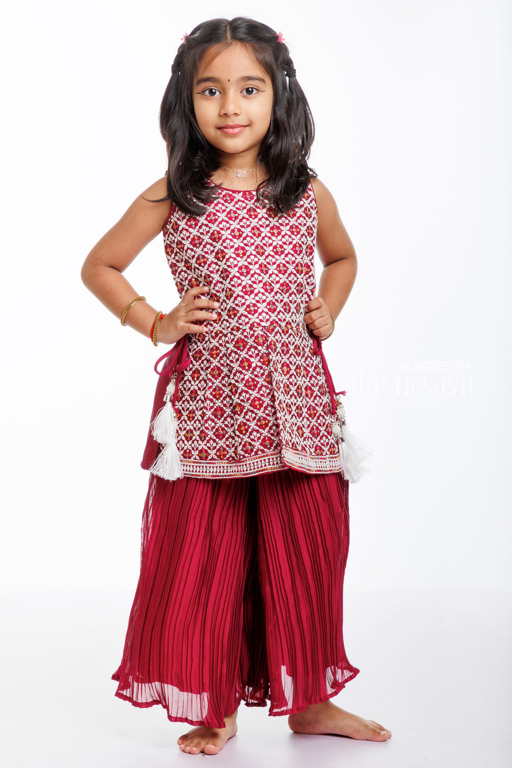 The Nesavu Girls Sharara / Plazo Set Ruby Rendezvous: Girls' Kurti with Palazzo Set - Perfect for Ugadi & Spring Festivals Nesavu Shop Festive Girls' Kurti and Palazzo Set | Embrace the Rendezvous This Season | The Nesavu