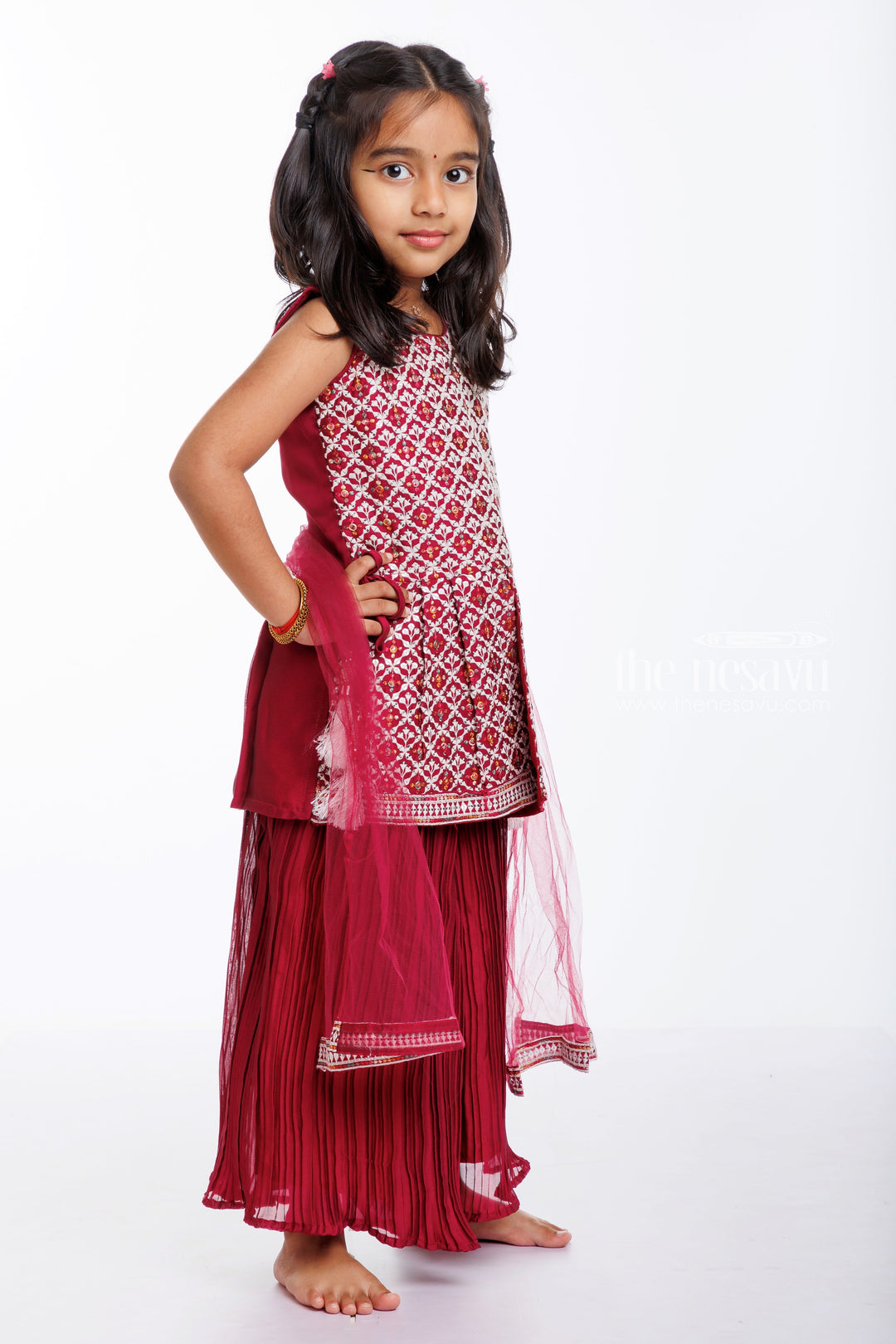 The Nesavu Girls Sharara / Plazo Set Ruby Rendezvous: Girls' Kurti with Palazzo Set - Perfect for Ugadi & Spring Festivals Nesavu Shop Festive Girls' Kurti and Palazzo Set | Embrace the Rendezvous This Season | The Nesavu