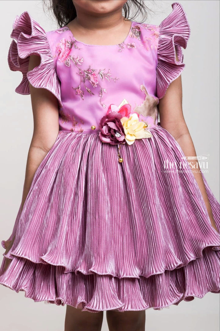 The Nesavu Girls Fancy Party Frock Ruffled Sleeves And Semi-Crushed Red Frocks With Embellishment Nesavu Latest Red Frocks Collection 2023| Floral Embellished Frocks| The Nesavu
