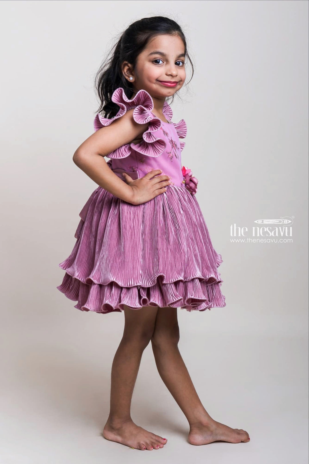 The Nesavu Girls Fancy Party Frock Ruffled Sleeves And Semi-Crushed Red Frocks With Embellishment Nesavu Latest Red Frocks Collection 2023| Floral Embellished Frocks| The Nesavu