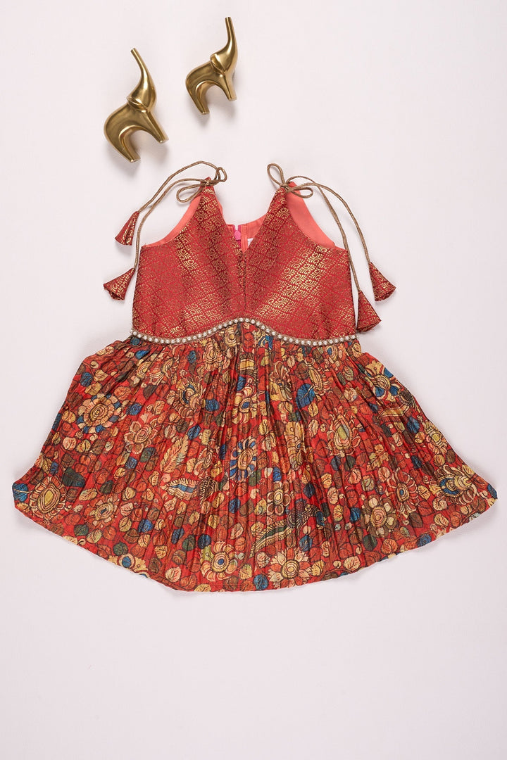 The Nesavu Tie-up Frock Rust Orange and Multicolor Ethnic Dress for Girls Nesavu 14 (6M) / Red T374B-14 Orange and Maroon Pleated Chinon Designer Baby Frock with Tie-Up Straps - Stylish & Luxurious
