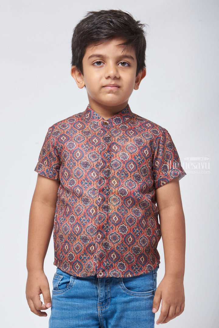 The Nesavu Boys Linen Shirt Rustic Appeal: Ajrakh Hand Block Print Boys' Shirt for a Vintage-Inspired Look Nesavu 14 (6M) / multicolor / Linen BS062-14 Ajrakh Hand Block Printed Boys Shirt | Baby Boys Shirt | The Nesavu