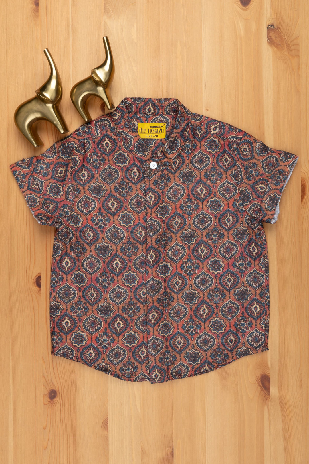 The Nesavu Boys Linen Shirt Rustic Appeal: Ajrakh Hand Block Print Boys' Shirt for a Vintage-Inspired Look Nesavu 14 (6M) / multicolor / Linen BS062 Ajrakh Hand Block Printed Boys Shirt | Baby Boys Shirt | The Nesavu