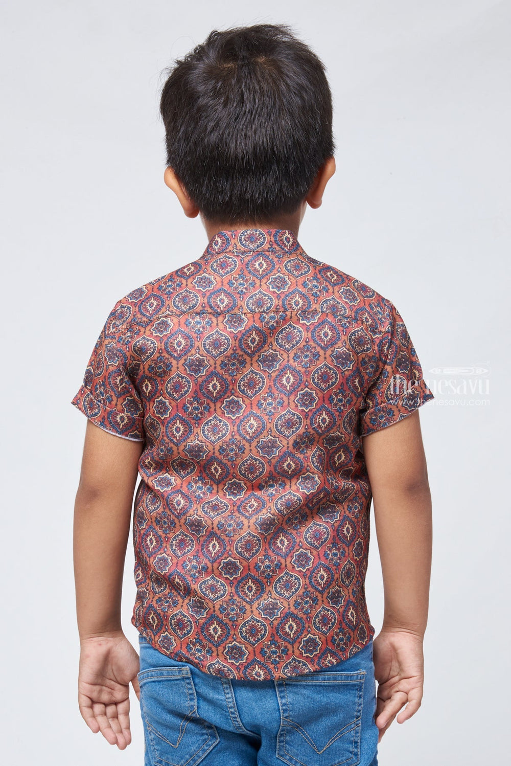 The Nesavu Boys Linen Shirt Rustic Appeal: Ajrakh Hand Block Print Boys' Shirt for a Vintage-Inspired Look Nesavu Ajrakh Hand Block Printed Boys Shirt | Baby Boys Shirt | The Nesavu