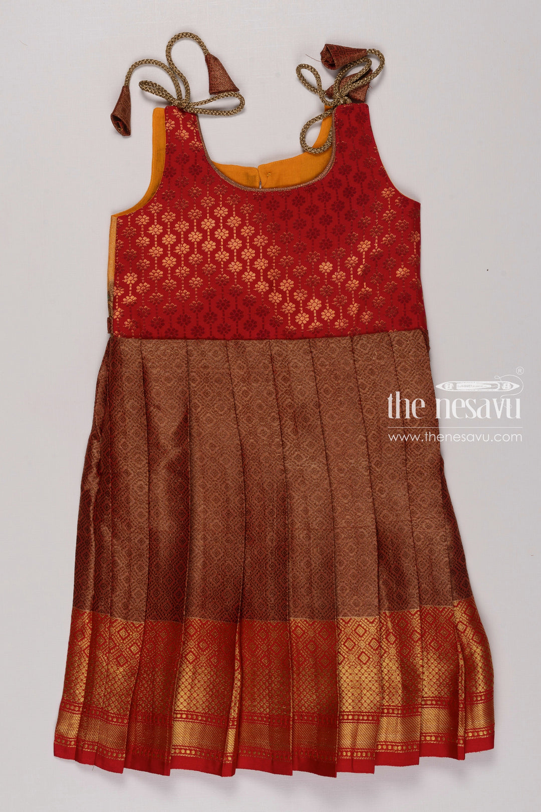 The Nesavu Tie-up Frock Rustic Brown and Sunset Red Silk TieUp Frock  Traditional Chic for Girls Nesavu 16 (1Y) / Brown / Silk T273E-16 Girls Rustic Brown Red Silk Frock | Adjustable Tie Up Design | The Nesavu