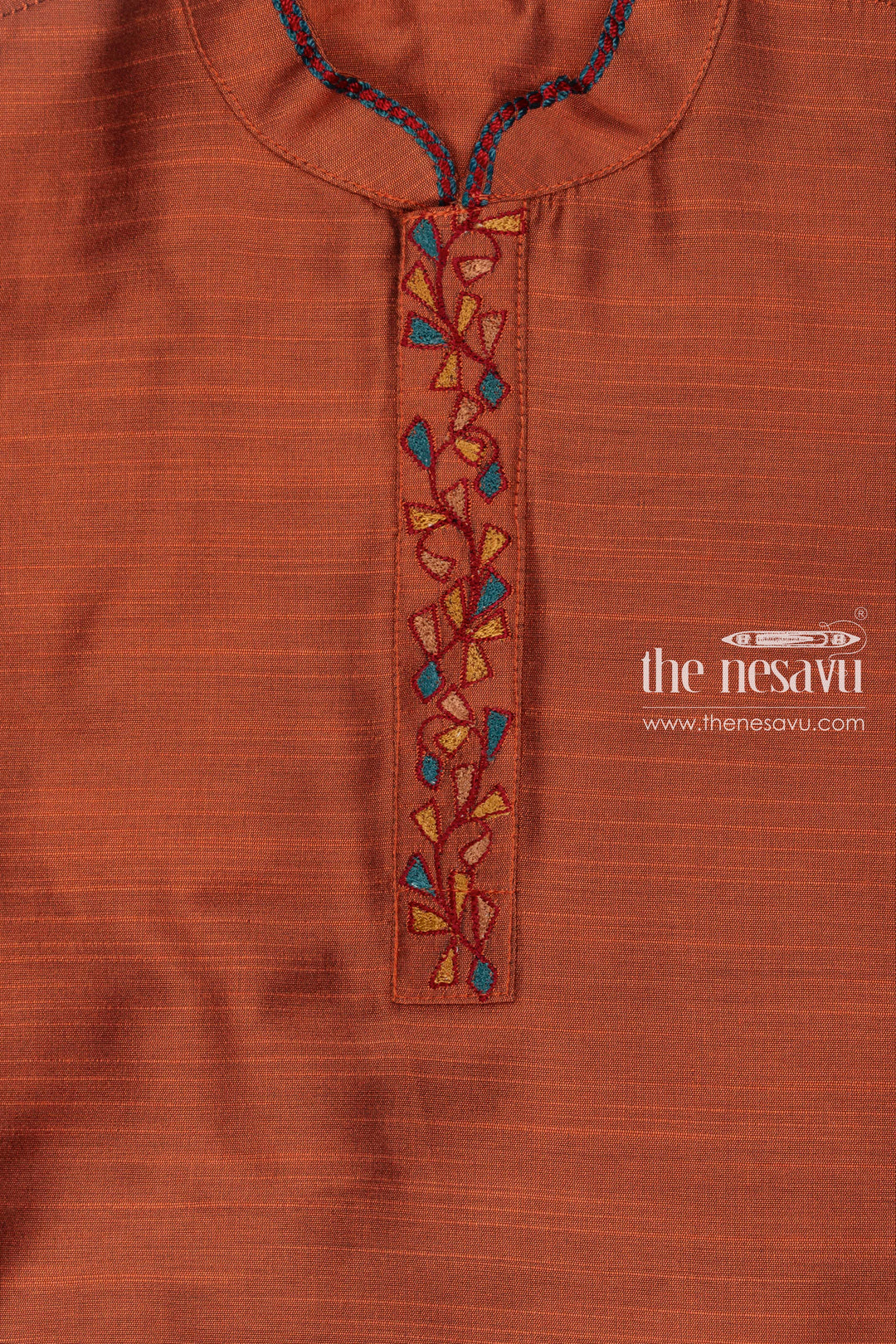The Nesavu Boys Dothi Set Rustic Brown Embroidered Kurta with Beige Dhoti Set for Boys Nesavu Boys Brown Embroidered Kurta Set | Beige Dhoti for Traditional Occasions | The Nesavu