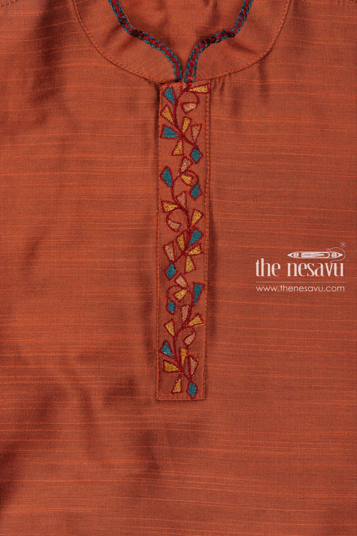 The Nesavu Boys Dothi Set Rustic Brown Embroidered Kurta with Beige Dhoti Set for Boys Nesavu Boys Brown Embroidered Kurta Set | Beige Dhoti for Traditional Occasions | The Nesavu