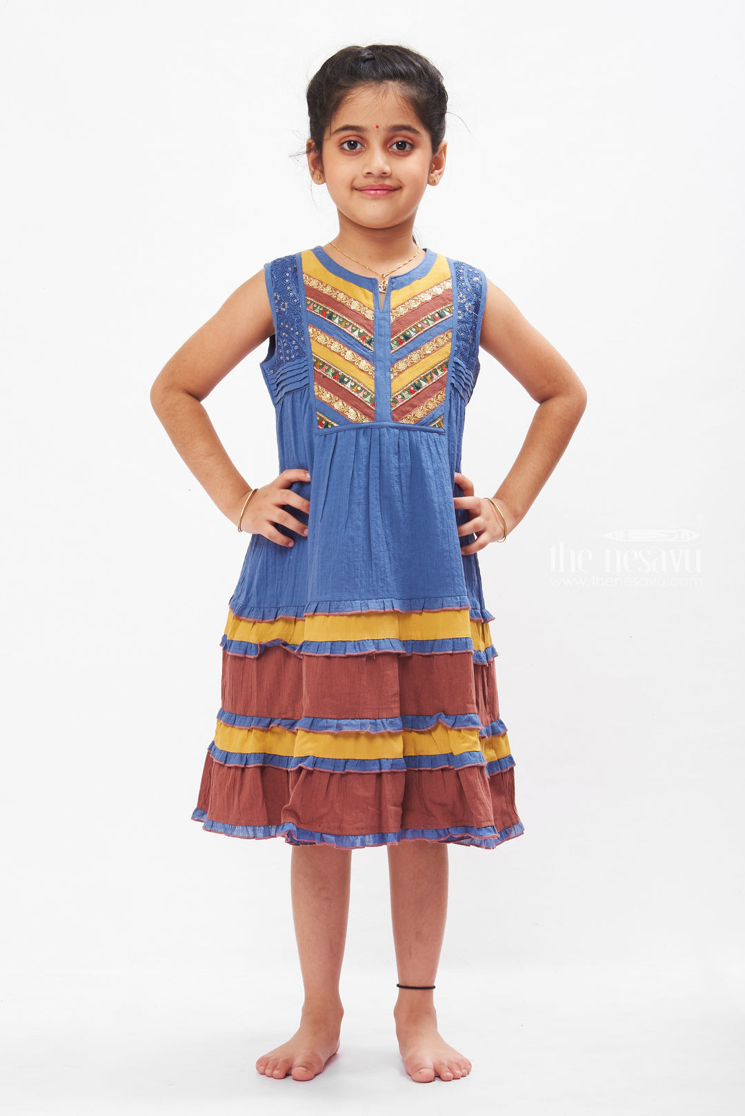 The Nesavu Girls Cotton Frock Rustic Charm Layered Cotton Frock with Ethnic Accents for Girls Nesavu 22 (4Y) / Blue / Cotton GFC1246B-22 Girls Ethnic Cotton Summer Dresses | Layered Ruffle Cotton Frock | The Nesavu