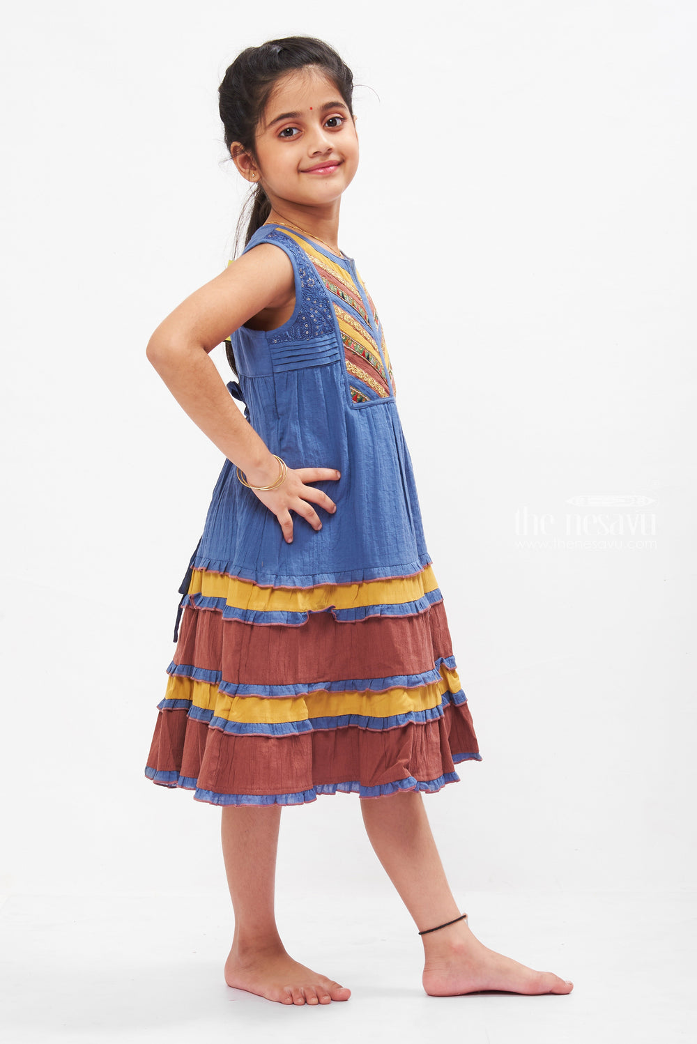 The Nesavu Girls Cotton Frock Rustic Charm Layered Cotton Frock with Ethnic Accents for Girls Nesavu Girls Ethnic Cotton Summer Dresses | Layered Ruffle Cotton Frock | The Nesavu