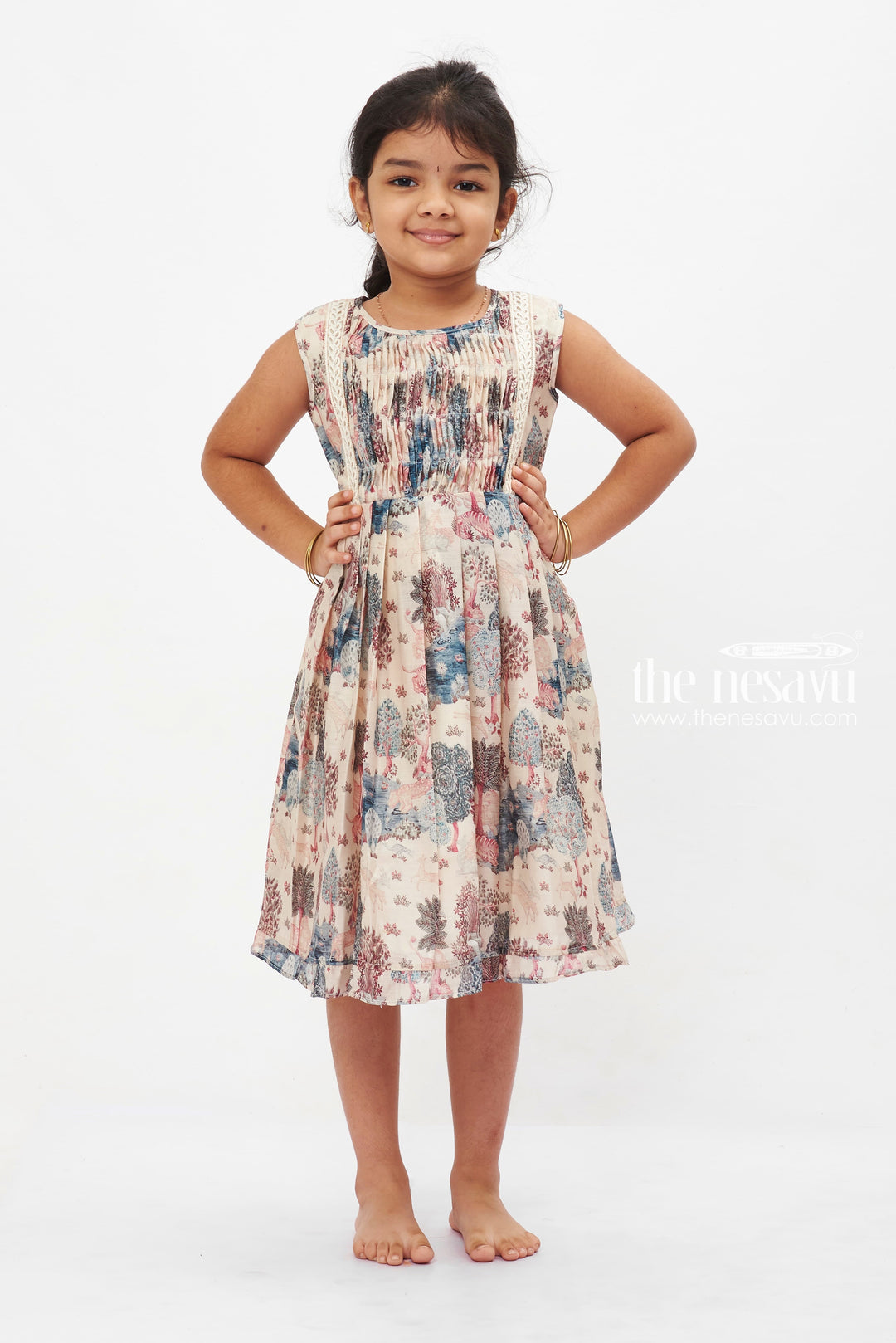 The Nesavu Girls Cotton Frock Rustic Forest Cotton Dress: Vintage-Inspired Botanical Print Frock with Lace Detailing Nesavu Girls Vintage Botanical Lace Cotton Dress | Rustic Forest-Inspired Frock | Elegant Playwear | The Nesavu