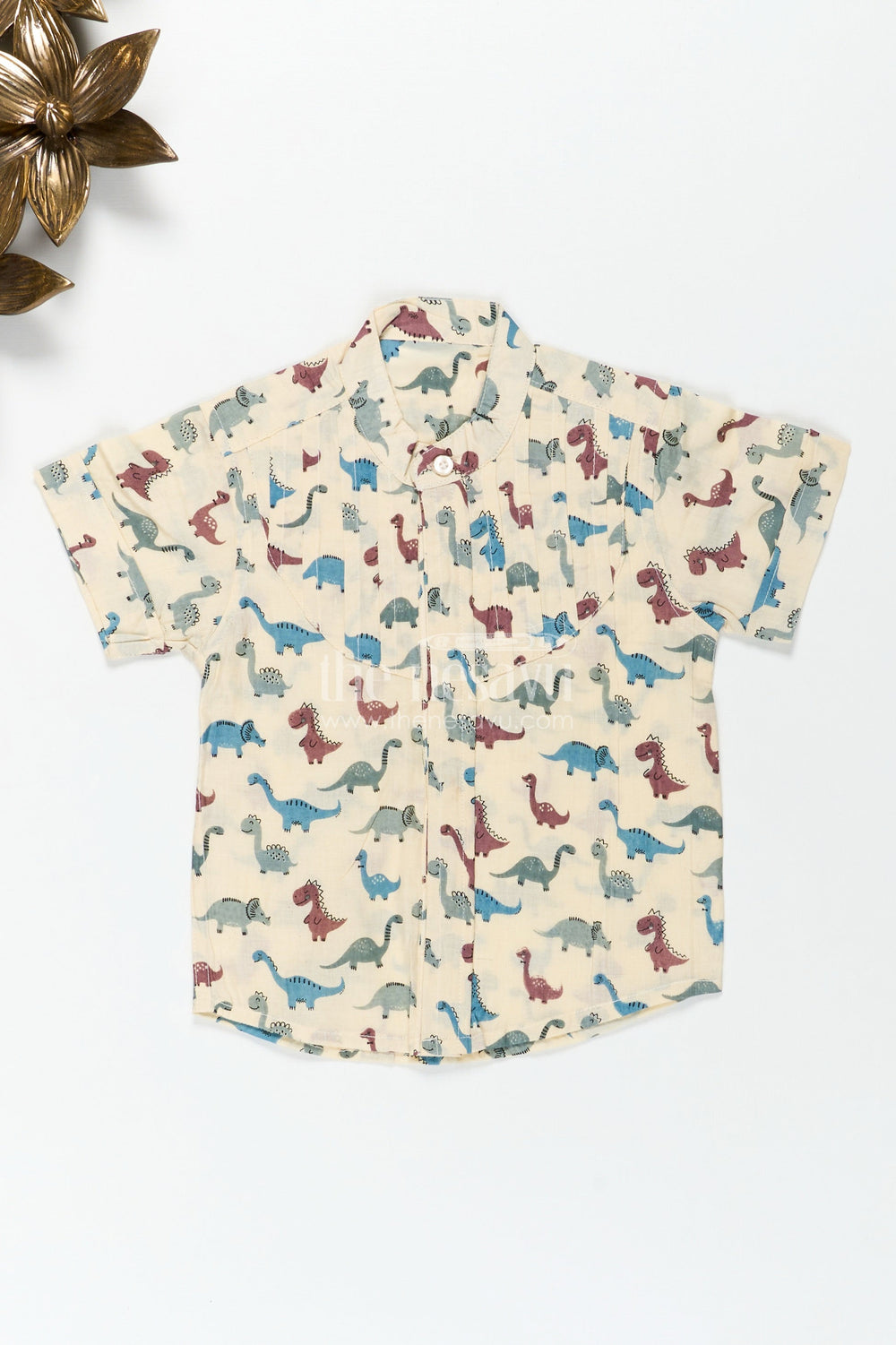 The Nesavu Boys Cotton Shirt Safari Dinosaur Print Shirt for Boys Soft Cotton for Toddler Wear Nesavu 16 (1Y) / Cream BS279B-16 Nesavu Toddler Boys Cotton Safari Shirt Dinosaur Motif Maroon Blue Daily Comfort