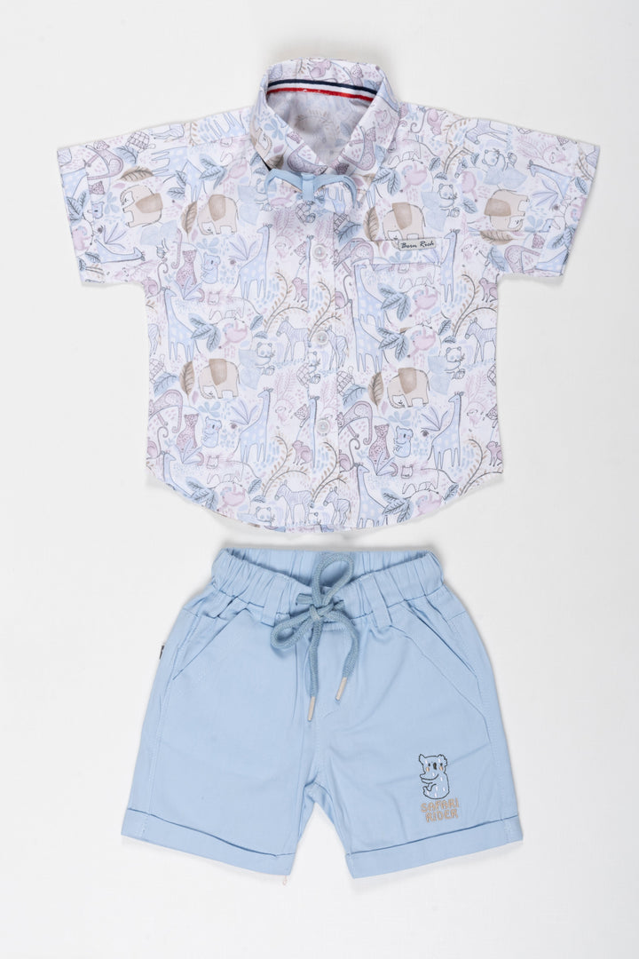 The Nesavu Boys Casual Set Safari Explorer- Boys Graphic Shirt and Shorts Set Nesavu 12 (3M) / Blue / Cotton BCS022B-12 Shop Boys Shirt and Shorts Set Online | Trendy Kids Summer Outfits | The Nesavu