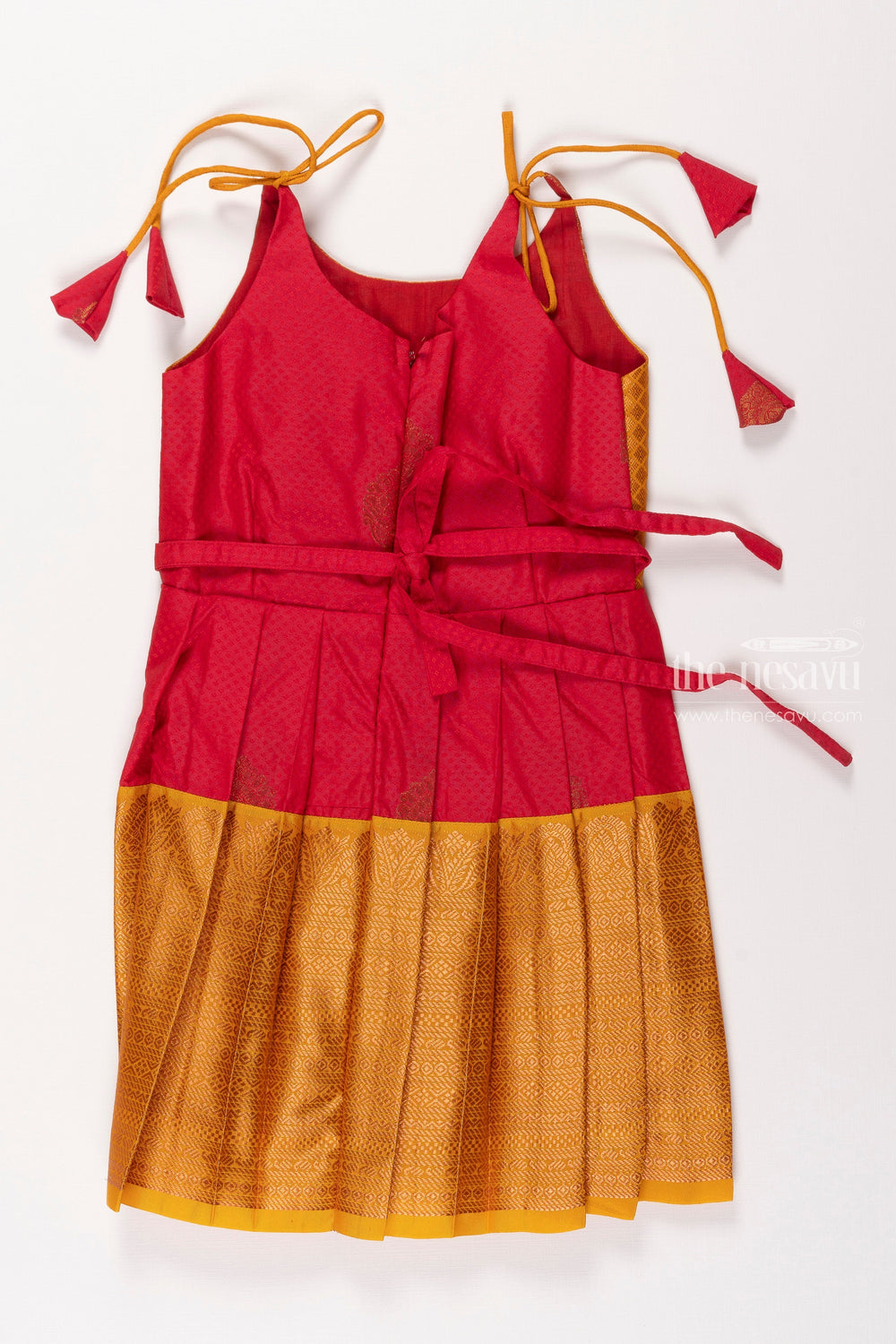 The Nesavu Tie-up Frock Saffron Bliss Silk Tie-Up Frock for Girls Nesavu Girls Saffron  Magenta Silk Frock with Banarasi Border | Traditional Festive Dress