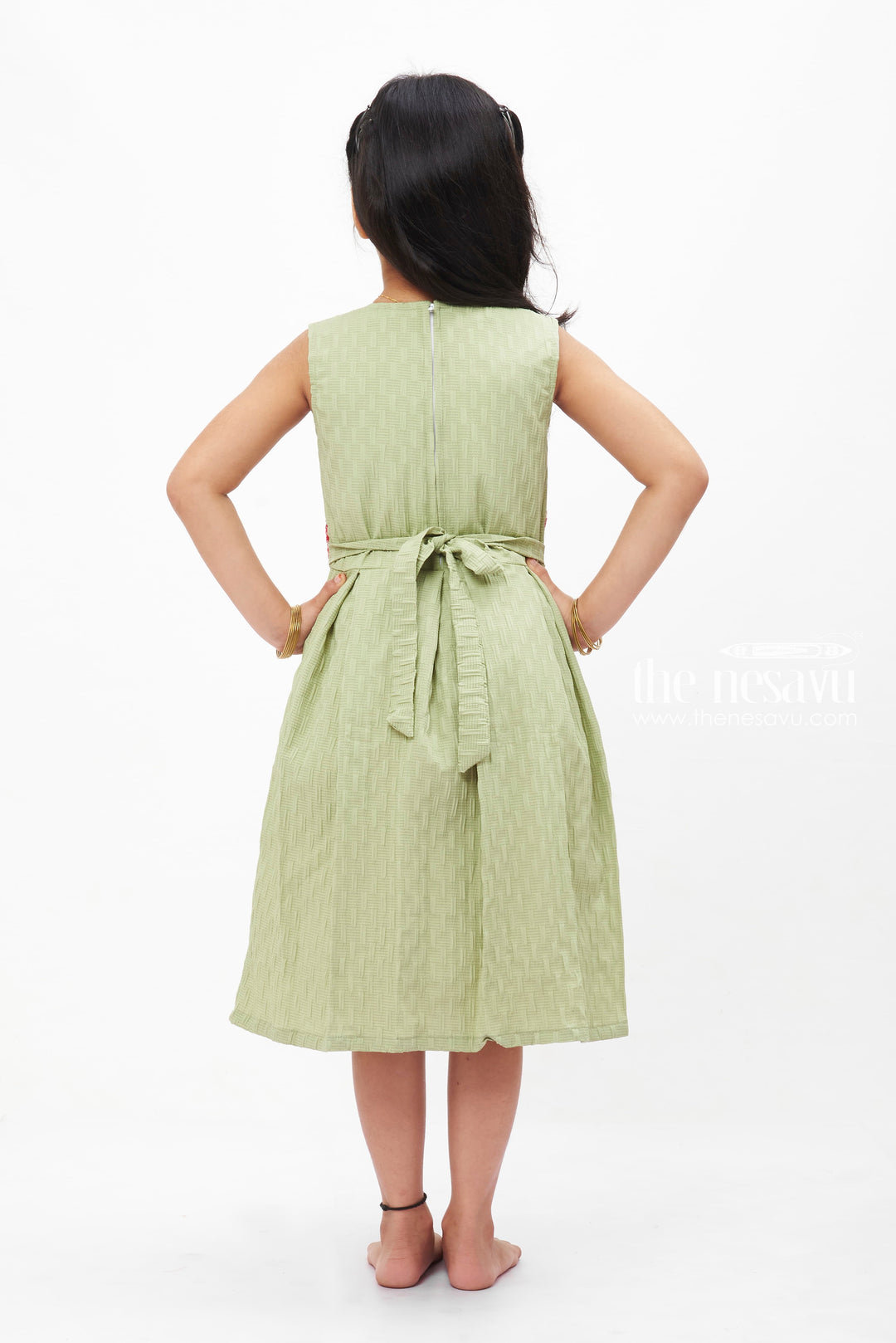 The Nesavu Girls Fancy Frock Sage Elegance Pleated Cotton Dress: Serene Green with Delicate Collar for Girls Nesavu Girls' Sage Green Pleated Dress | Cotton Collar Frock for Kids | The Nesavu