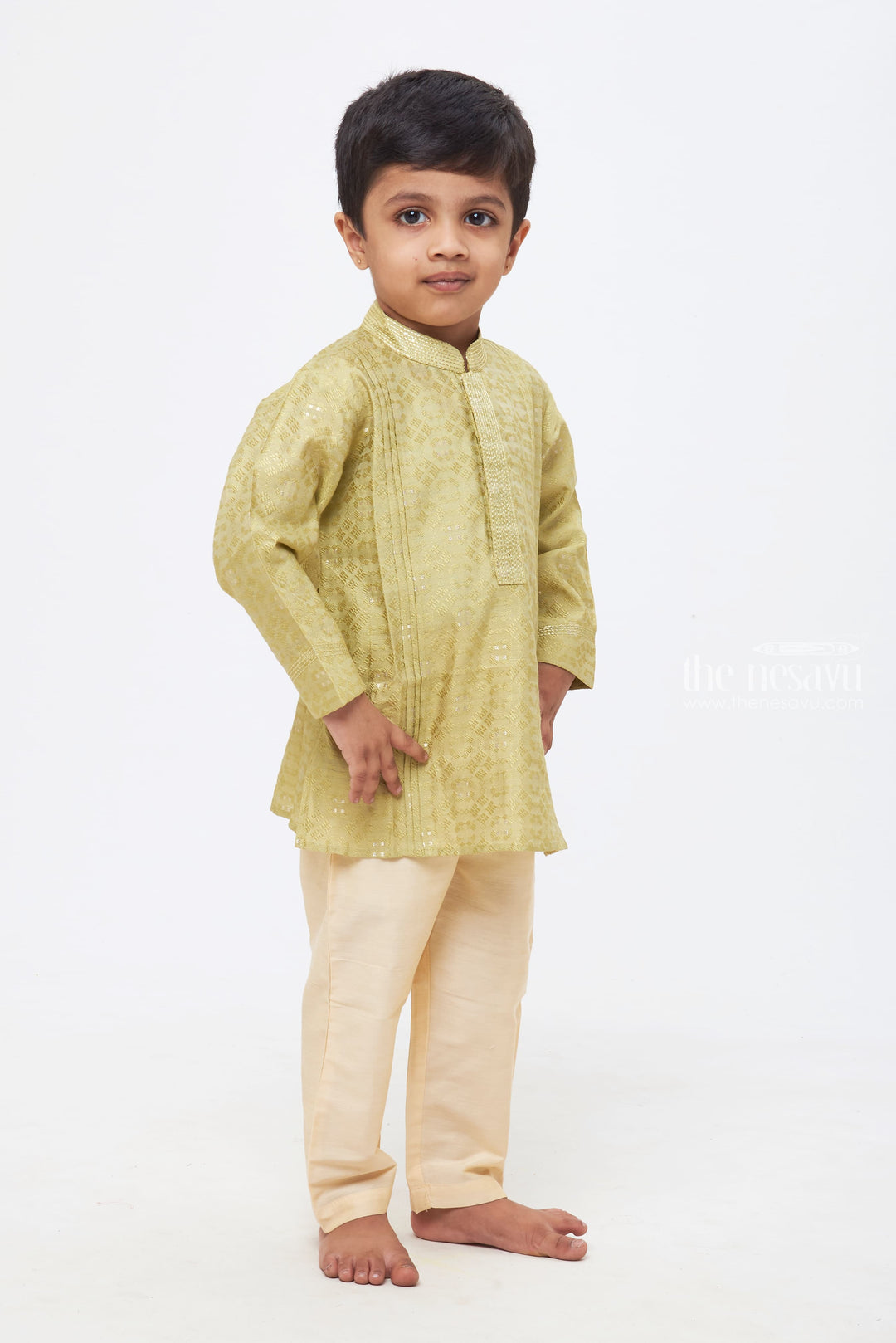 The Nesavu Boys Kurtha Set Sage Serenity: Boys' Jacquard Kurta with Tailored White Trousers Nesavu Festive Ready Attire | Boys Kurta with Coordinated Pant Set | The Nesavu