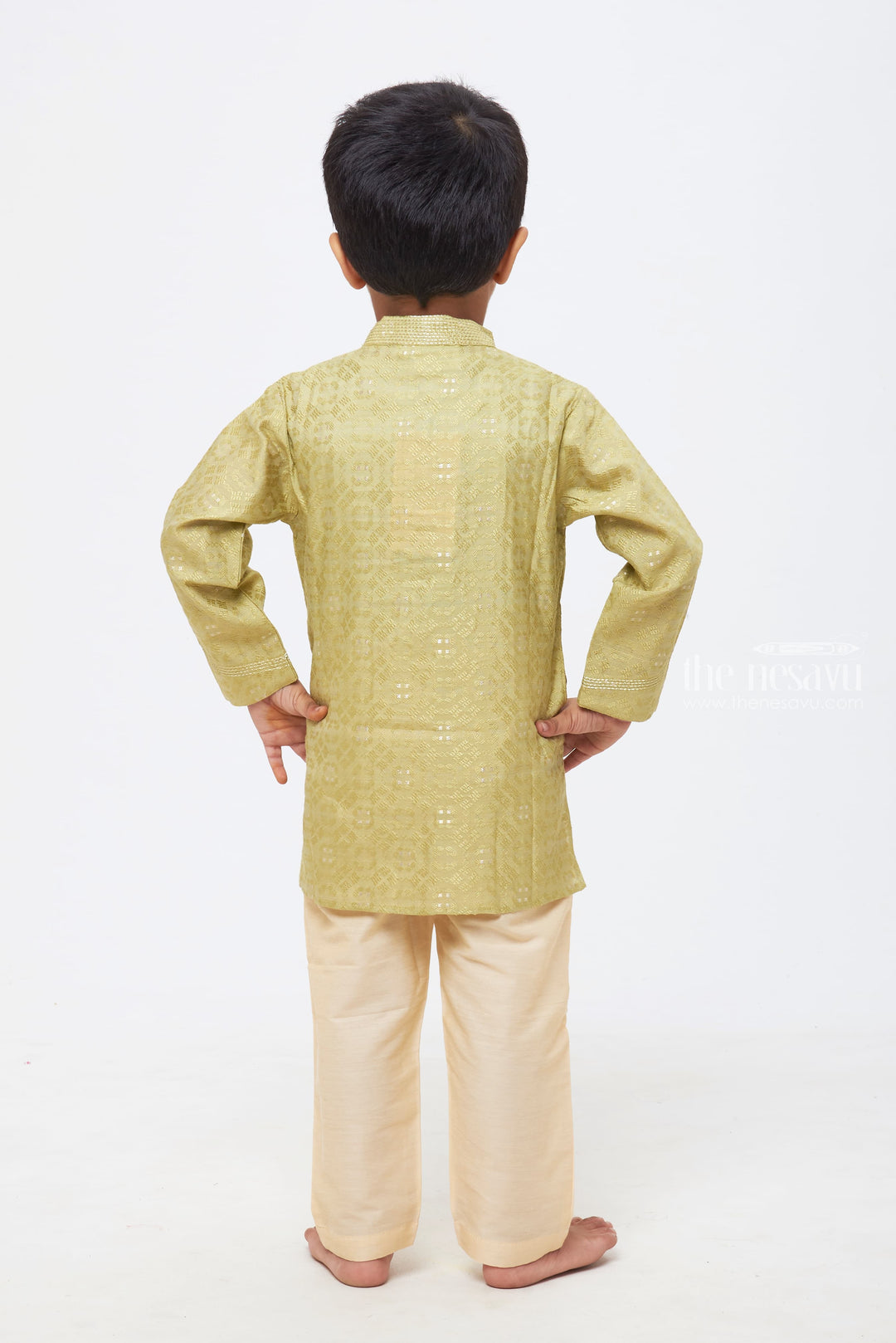 The Nesavu Boys Kurtha Set Sage Serenity: Boys' Jacquard Kurta with Tailored White Trousers Nesavu Festive Ready Attire | Boys Kurta with Coordinated Pant Set | The Nesavu