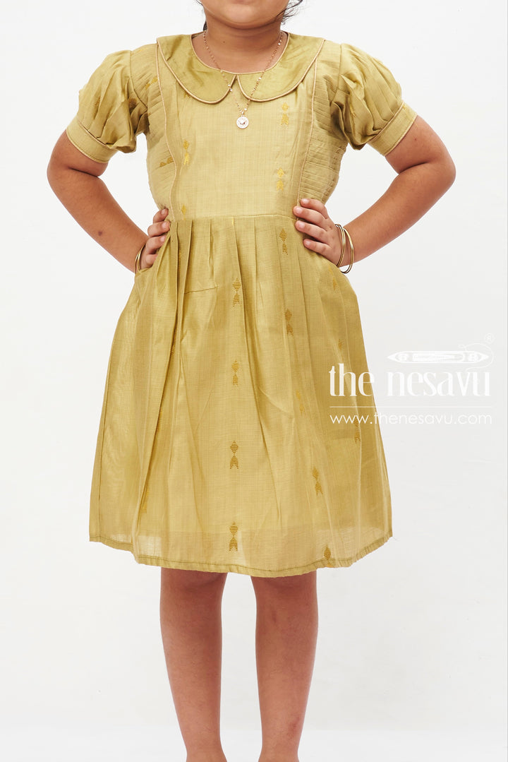 The Nesavu Girls Cotton Frock Sage Splendor Puff Sleeve Dress: Girls' Festive Frock with Golden Accents Nesavu Elegant Sage Green Girls Dress with Gold Motifs | Traditional Puff Sleeve Frock | The Nesavu