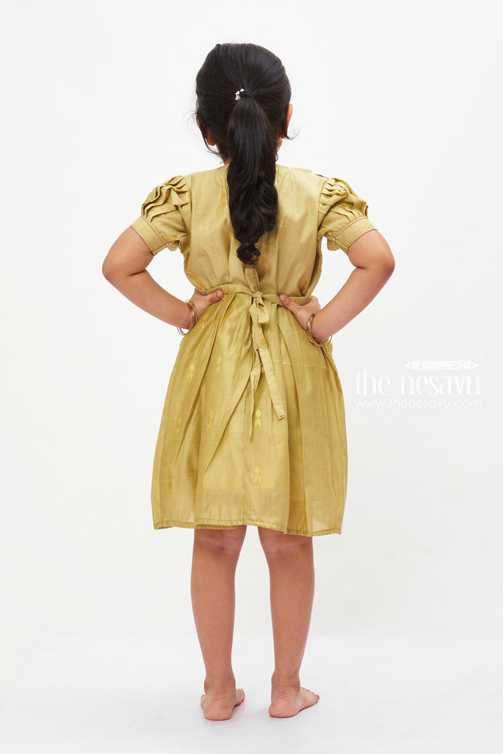 The Nesavu Girls Cotton Frock Sage Splendor Puff Sleeve Dress: Girls' Festive Frock with Golden Accents Nesavu Elegant Sage Green Girls Dress with Gold Motifs | Traditional Puff Sleeve Frock | The Nesavu