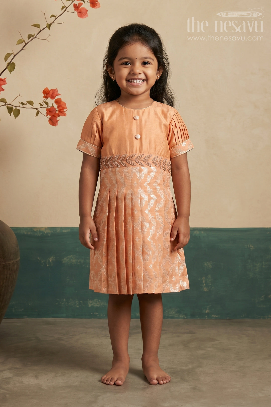 The Nesavu Silk Frock Salmon Colored Zari Embroidered Silk Frock with Pleated Sleeves Nesavu 16 (1Y) / Peach / Chanderi SF717B-16 Vintage Designer Silk Frock for Children | The Nesavu