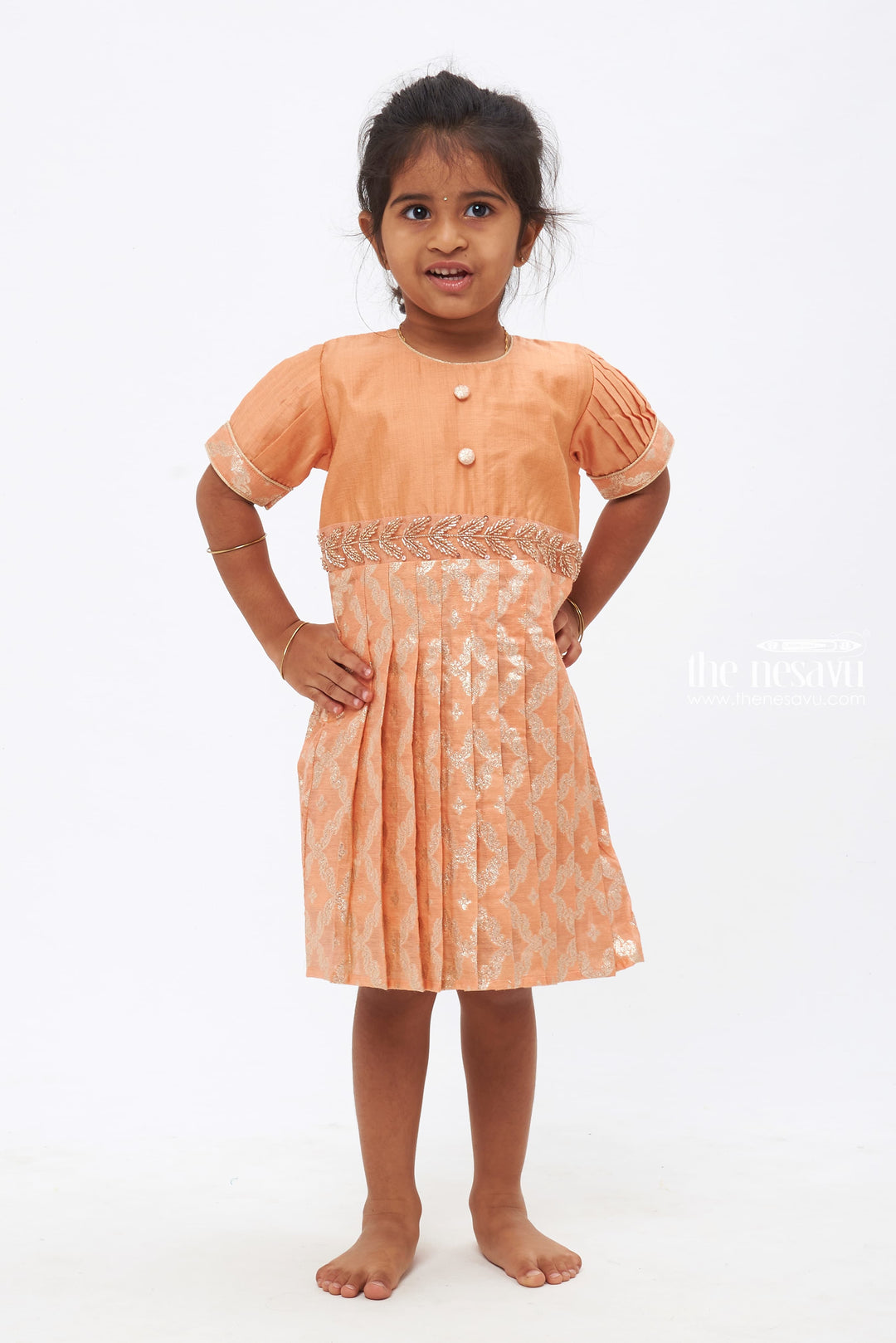 The Nesavu Silk Frock Salmon Colored Zari Embroidered Silk Frock with Pleated Sleeves Nesavu 16 (1Y) / Salmon / Chanderi SF717B-16 Vintage Designer Silk Frock for Children | Luxury Party Outfit | The Nesavu