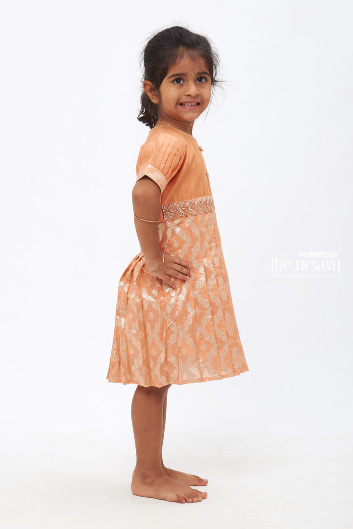 The Nesavu Silk Frock Salmon Colored Zari Embroidered Silk Frock with Pleated Sleeves Nesavu Vintage Designer Silk Frock for Children | Luxury Party Outfit | The Nesavu