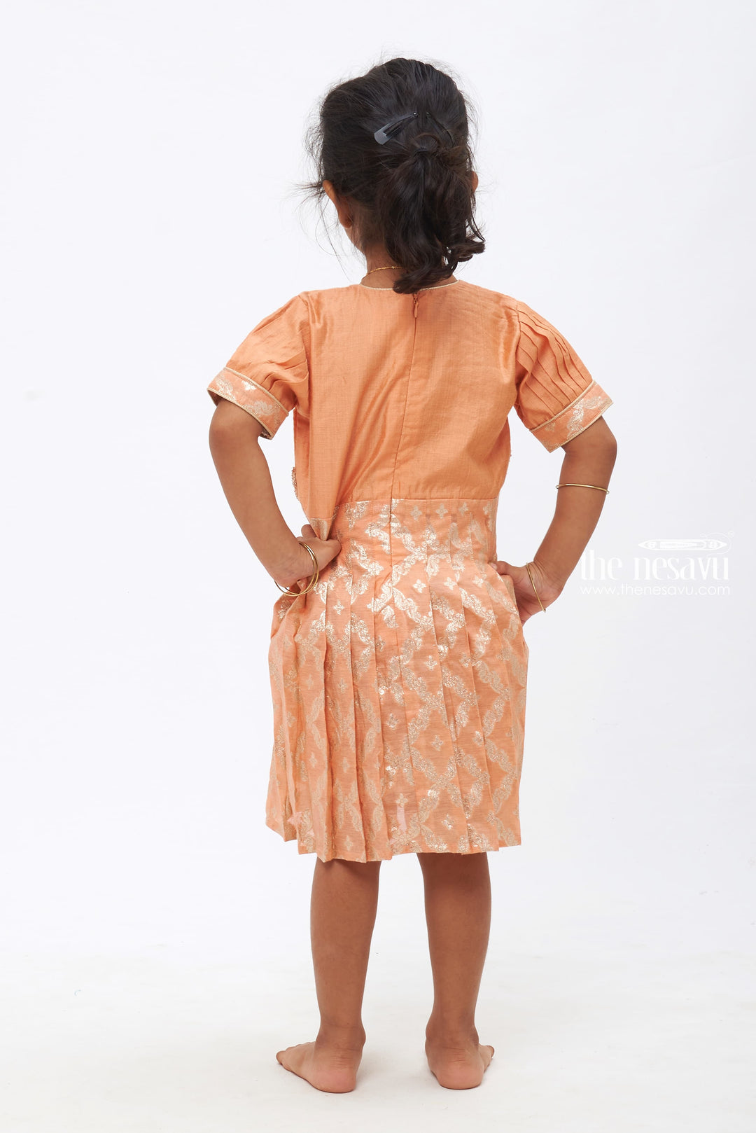 The Nesavu Silk Frock Salmon Colored Zari Embroidered Silk Frock with Pleated Sleeves Nesavu Vintage Designer Silk Frock for Children | Luxury Party Outfit | The Nesavu