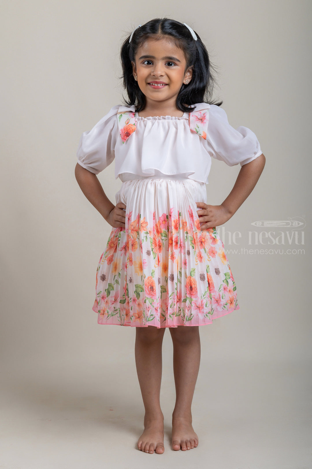 The Nesavu Frocks & Dresses Salmon Colour Pleated Gorgette Frock with Multicolour Floral Digital Print and Puff Sleeve psr silks Nesavu 16 (1Y) / Salmon / Georgette GFC1089A