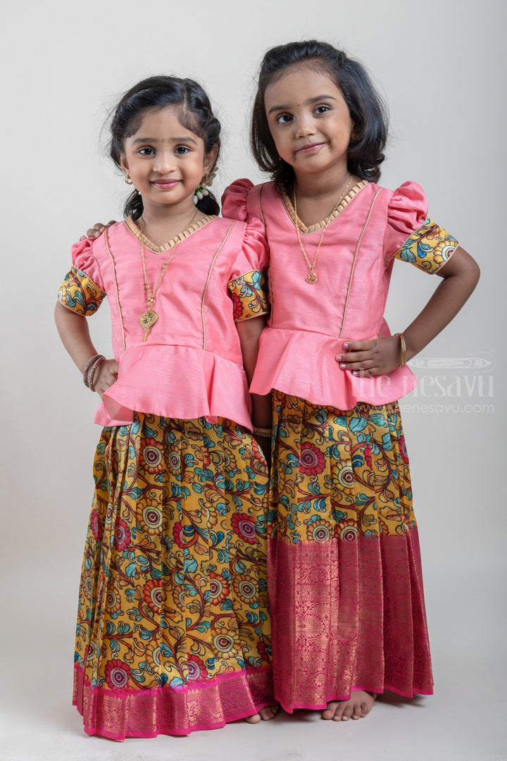 The Nesavu Pattu Pavadai Salmon Pink and Yellow Silk Pattu Pavadai for Girls with Floral Cuffs and Banarasi Border Nesavu Salmon Pink and Yellow Silk Pattu Pavadai for Girls at The Nesavu | Traditional Indian Outfit